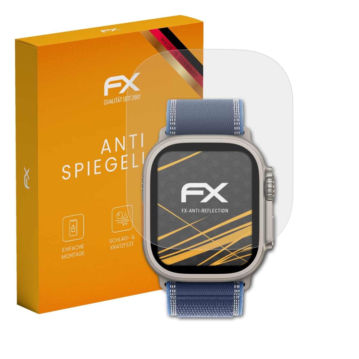 Ein FX Anti-Spiegel-Schutz für eine Smartwatch mit blauem Band, neben einer orangen Box.