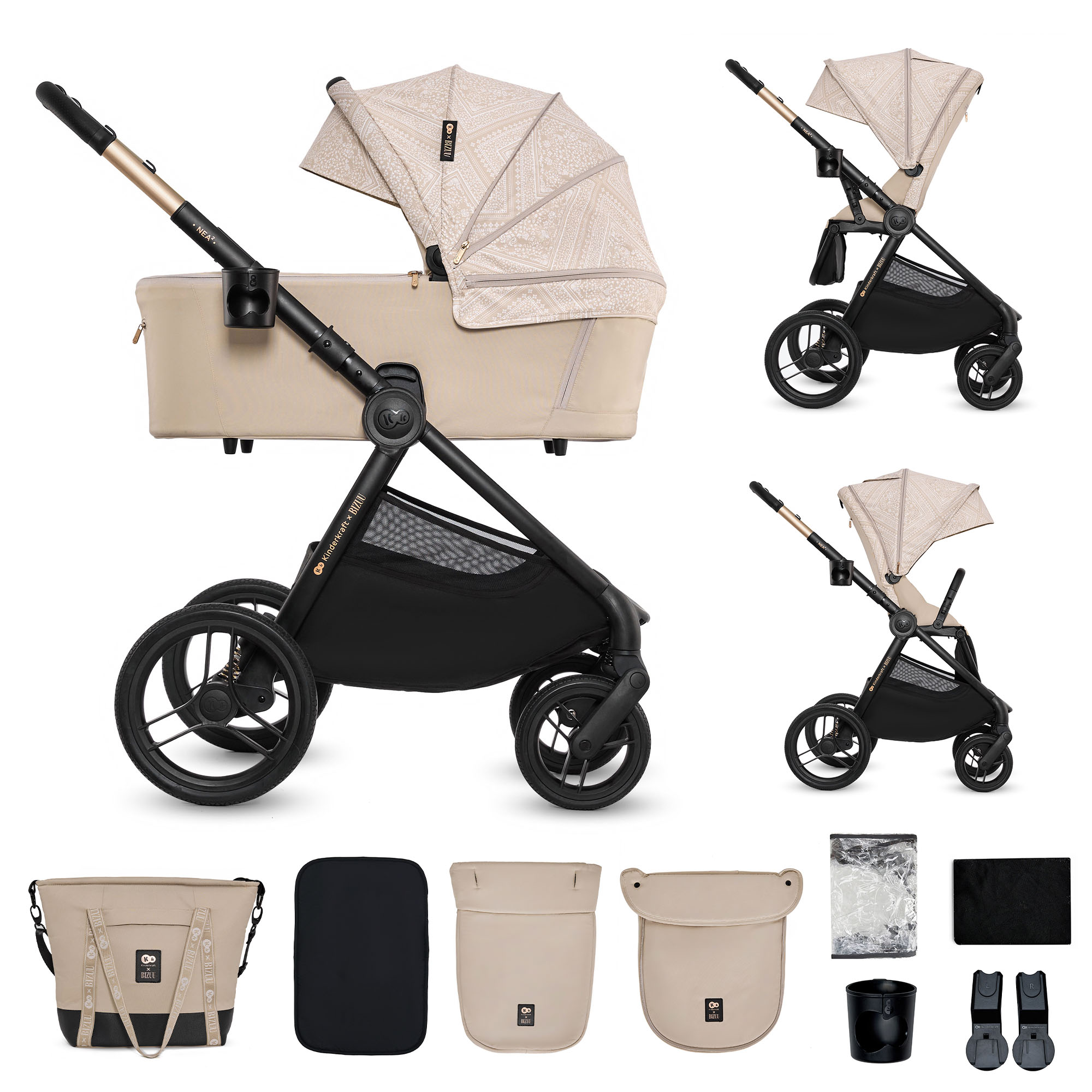 Beiger Kinderwagen mit Mustern, Zubehör wie Tasche, Fußsack, Regenschutz.
