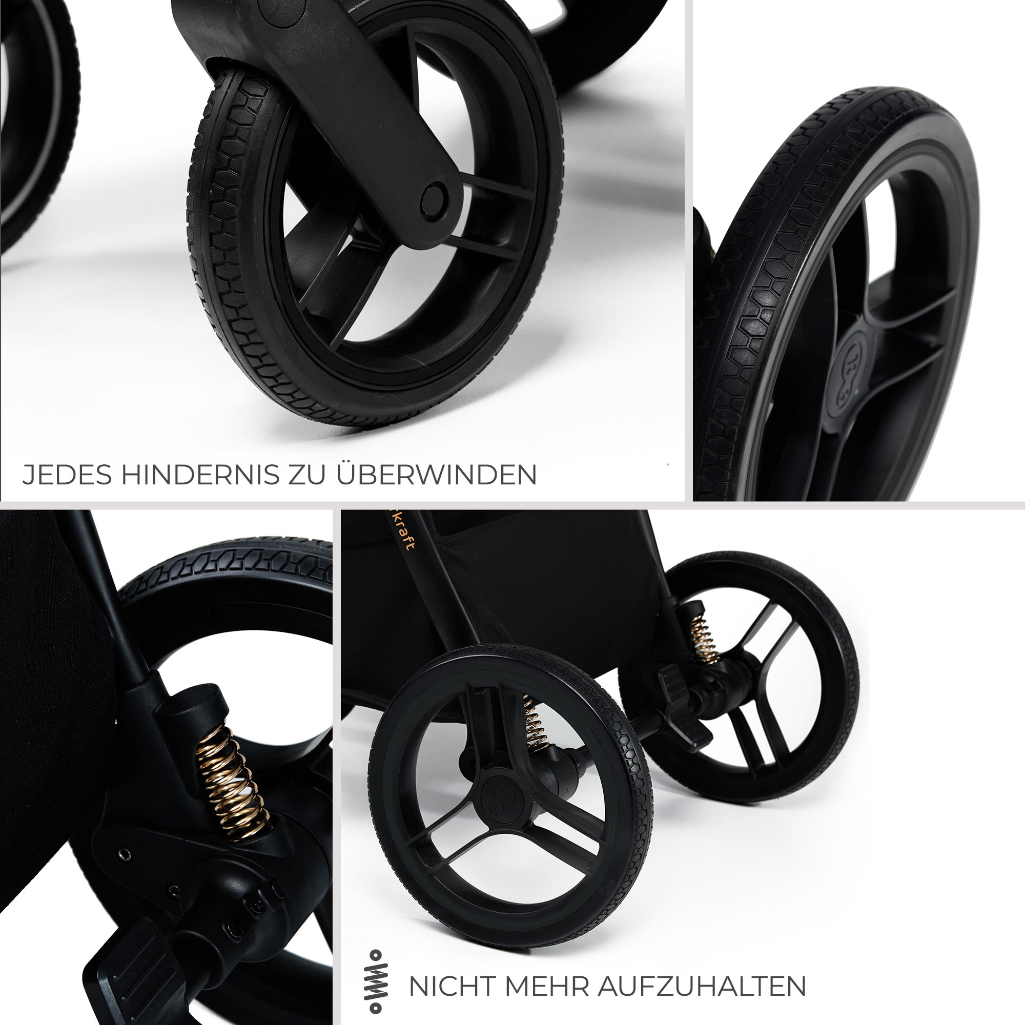 Schwarze Kinderwagenräder mit Federung und Text.