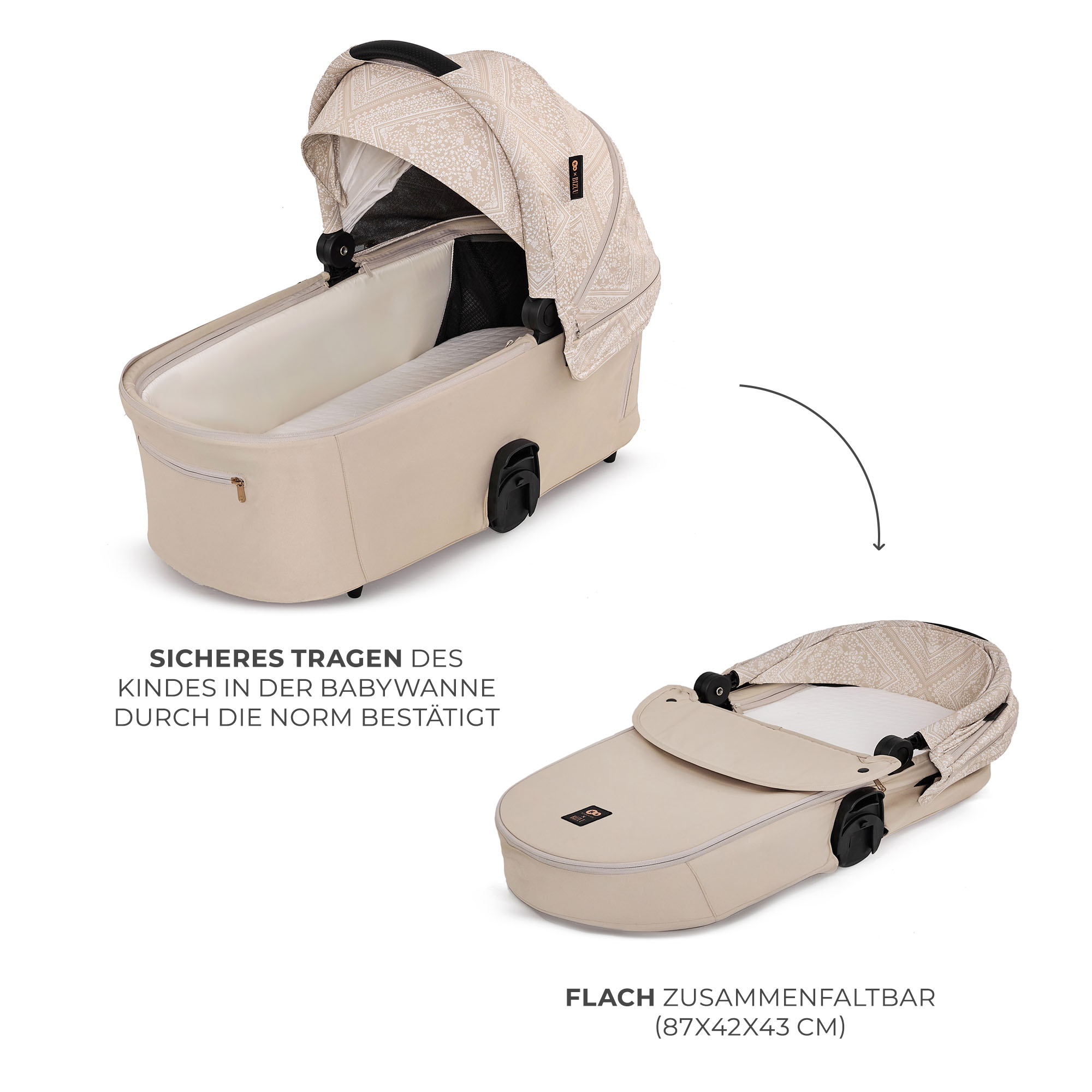 Beige Babywanne mit Muster, flach faltbar, Maße 87x42x43cm.