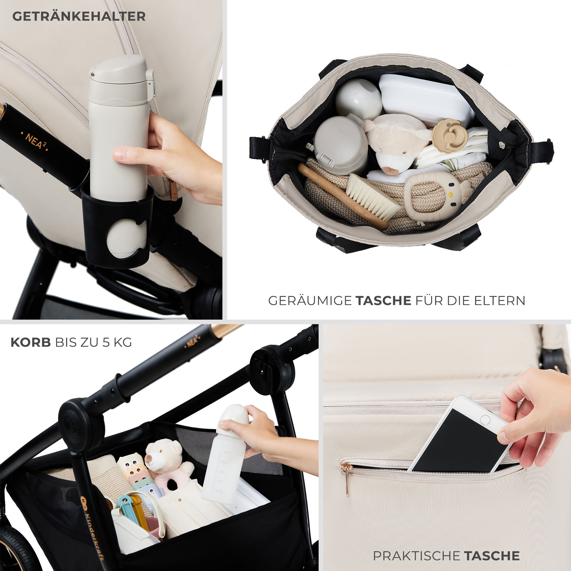 Ein Kinderwagen mit Getränkehalter, Korb und Tasche.