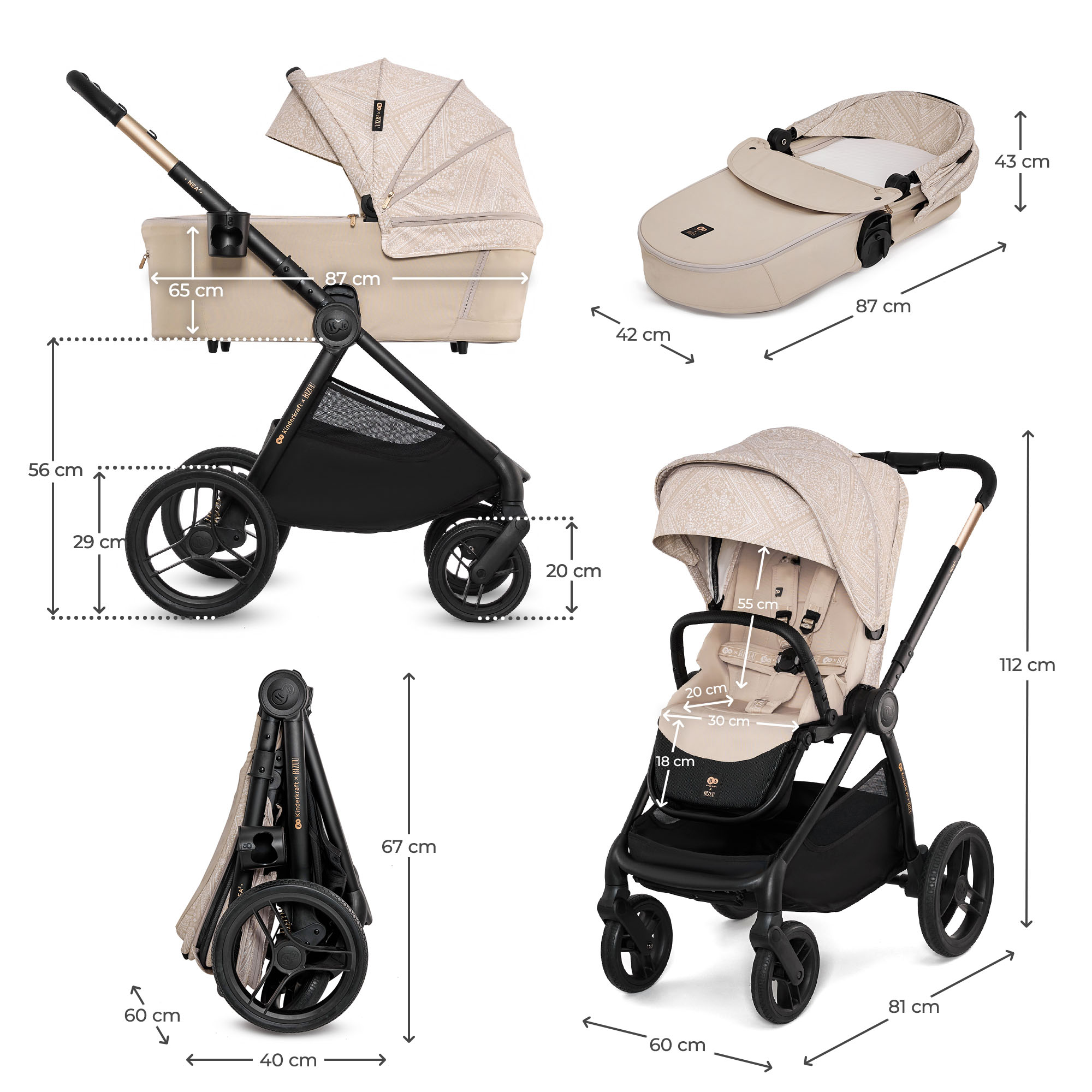 Ein Kinderwagen und eine Babywanne mit Maßen. Beige mit Muster.