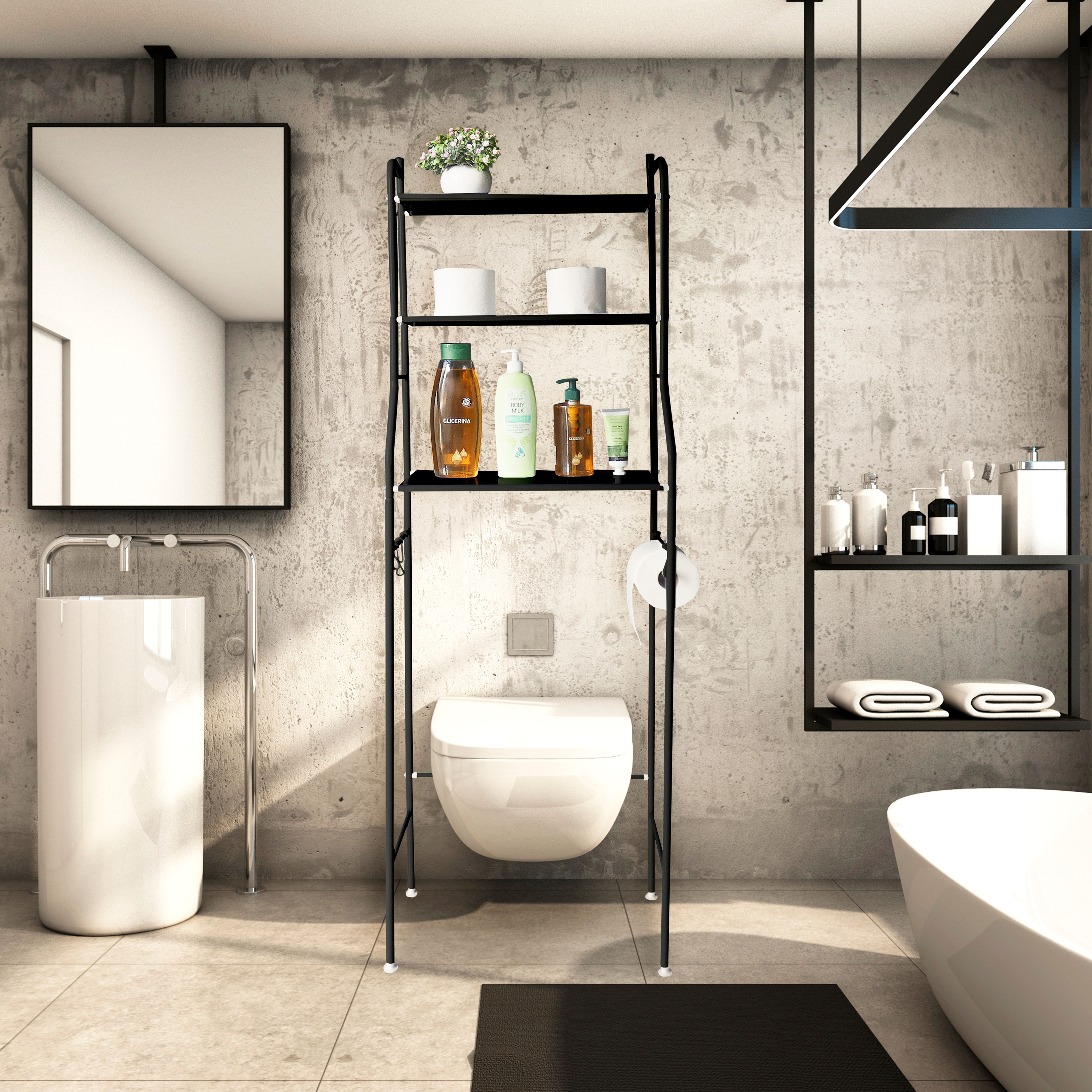 Un baño con paredes de hormigón, estanterías sobre el inodoro y un lavabo.