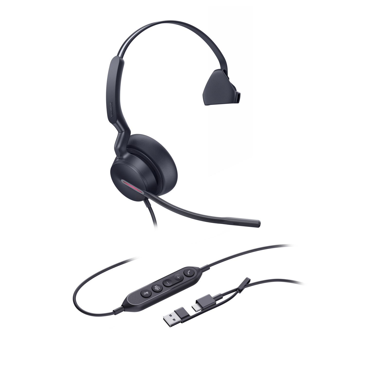 Un auricular Yealink negro con micrófono y conector USB-C.
