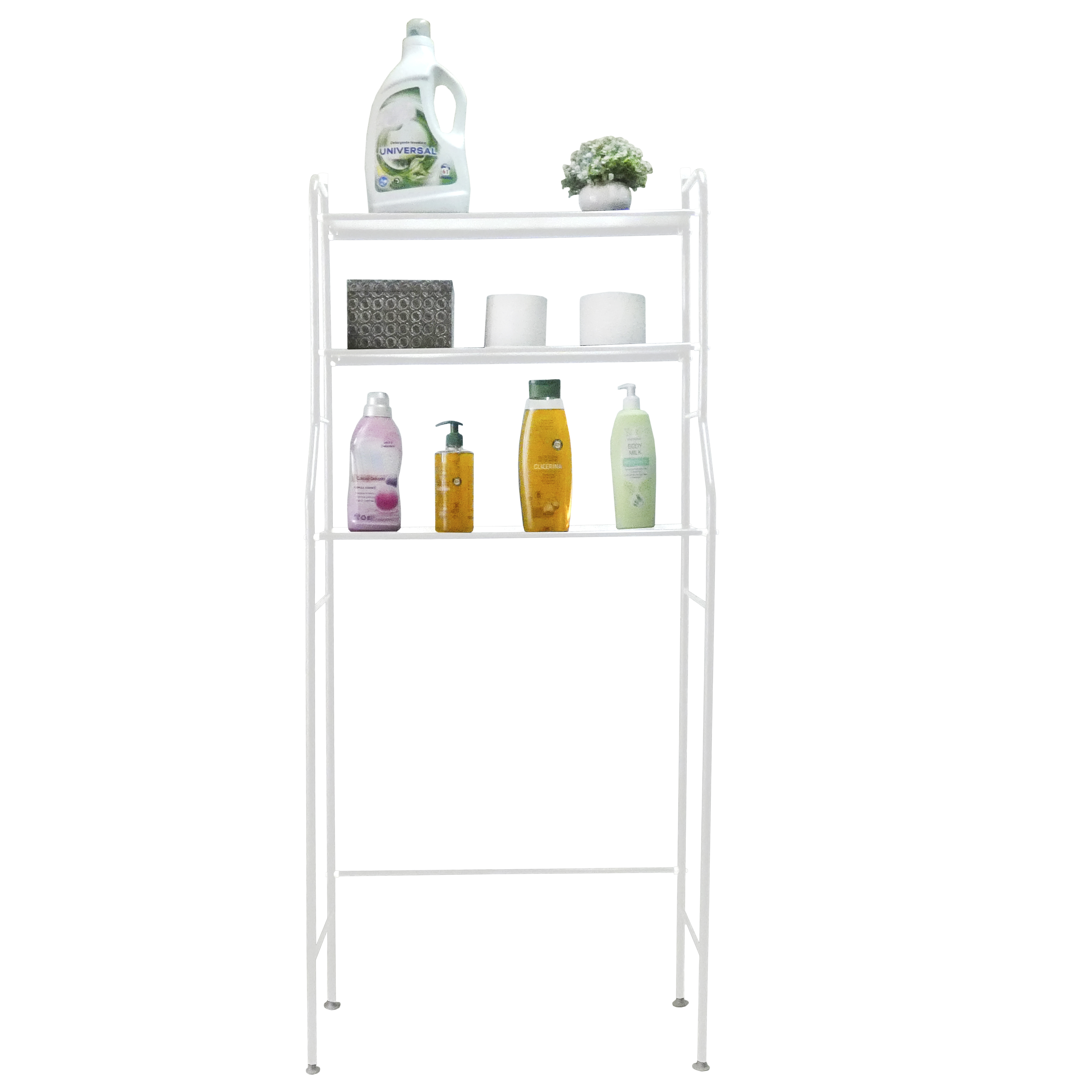 Estante blanco con detergente, planta, jabón y loción corporal.