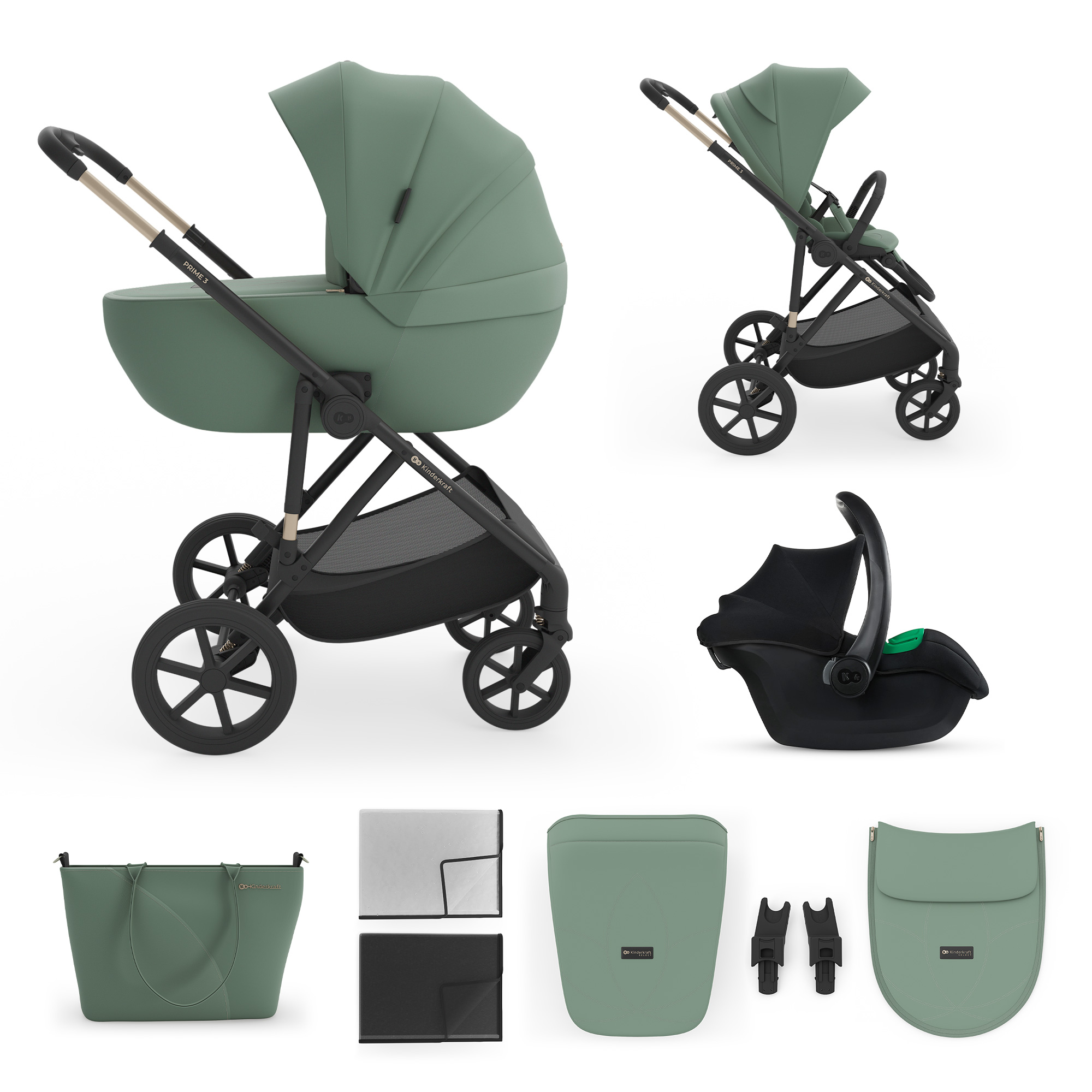 Ein Kinderwagen-Set in Salbeigrün mit Babywanne, Sitzeinheit, Autositz und Zubehör.