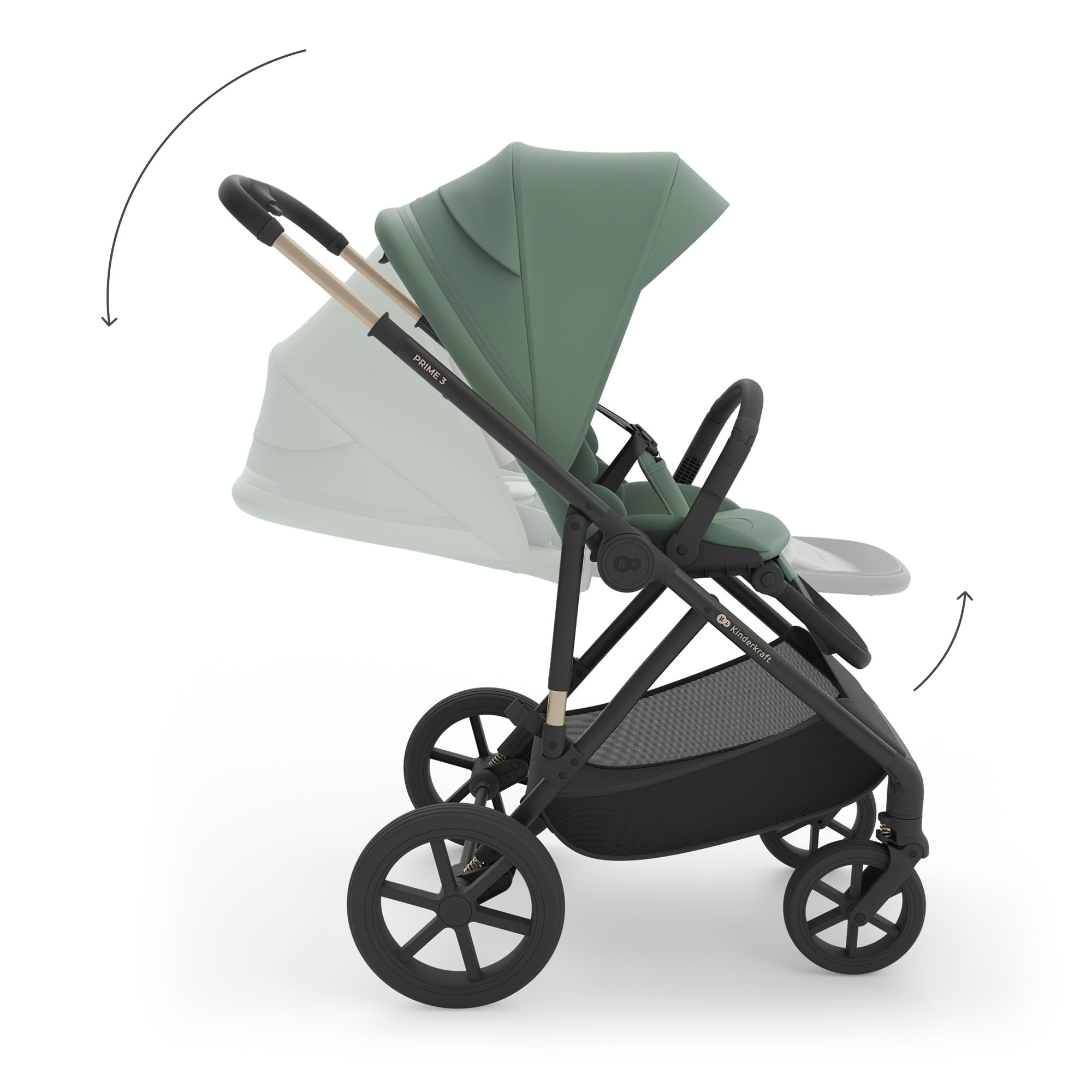 Ein grüner Kinderwagen mit schwarzen Rädern und Griffen, auf weißem Hintergrund.