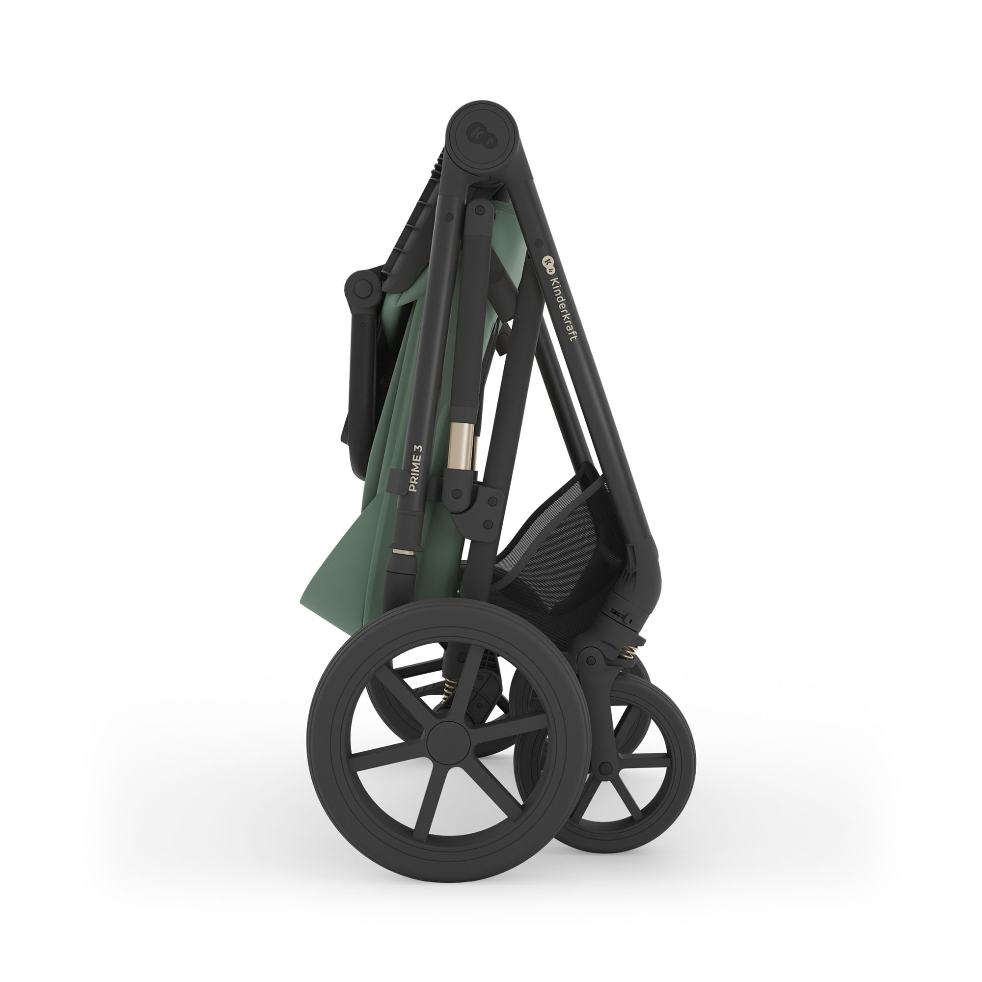 Ein zusammengeklappter grüner Kinderwagen mit schwarzen Rädern.