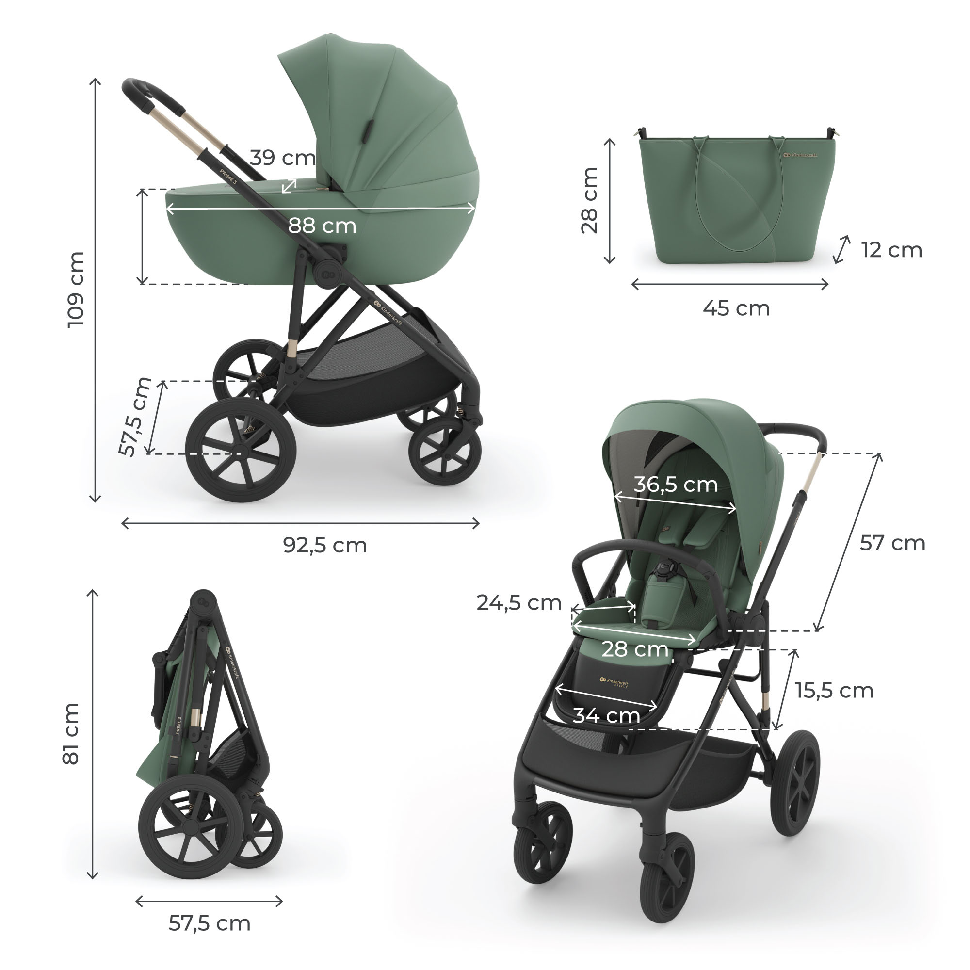 Grüner Kinderwagen mit Zubehör und Maßen.