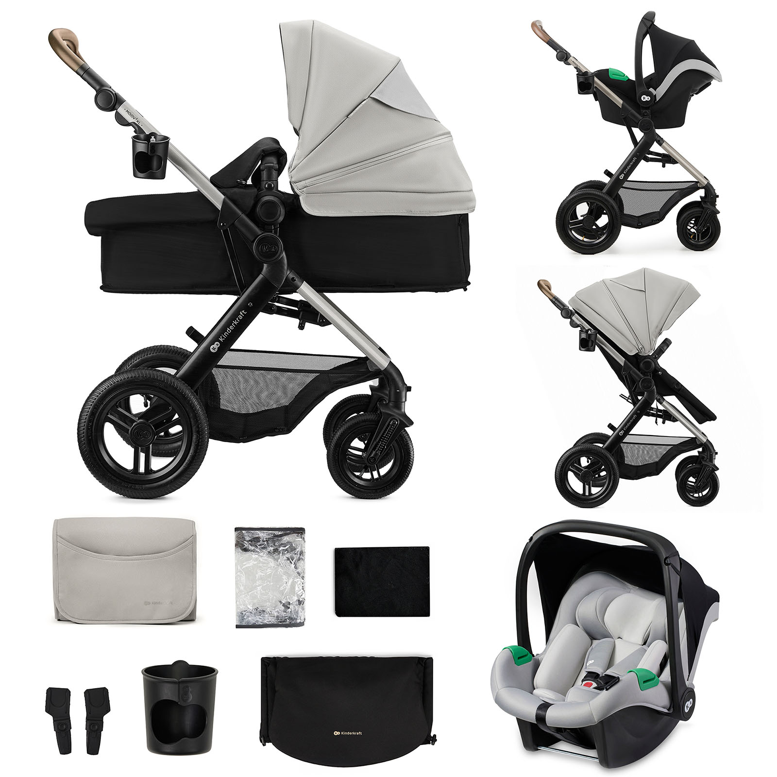Ein Kinderwagen mit Babywanne, Autositz und Zubehör auf weißem Hintergrund.