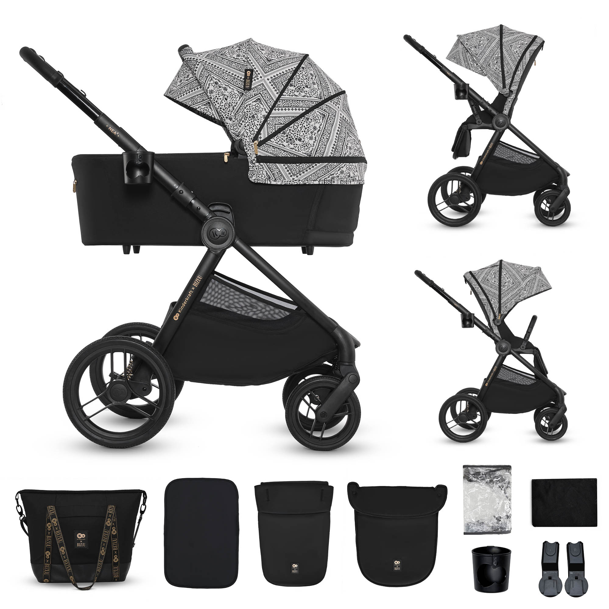 Ein schwarzer Kinderwagen mit einem geometrischen Muster auf dem Verdeck, Zubehör.