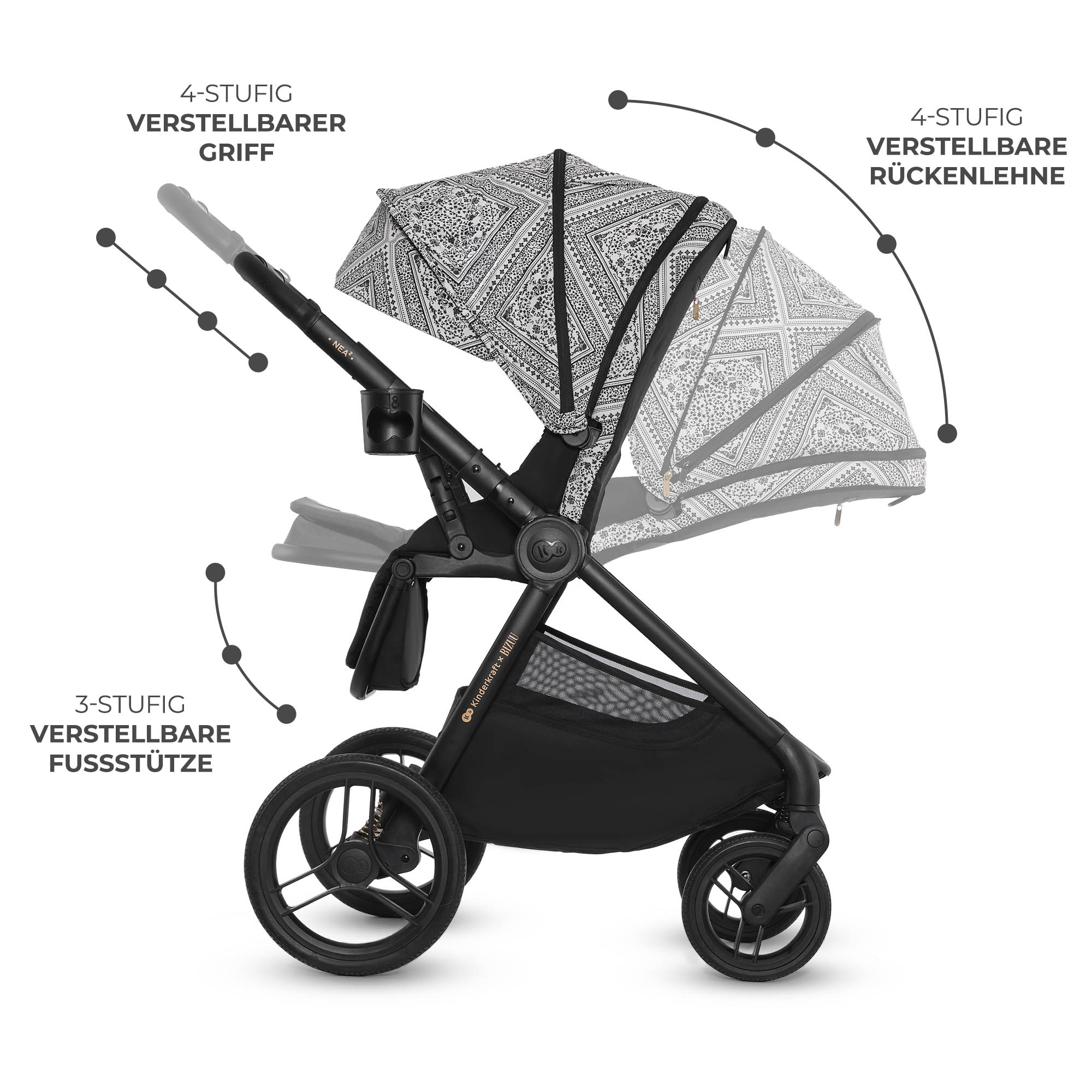 Ein schwarzer Kinderwagen mit grau-weißem Muster, verstellbarem Griff, Rückenlehne und Fußstütze.