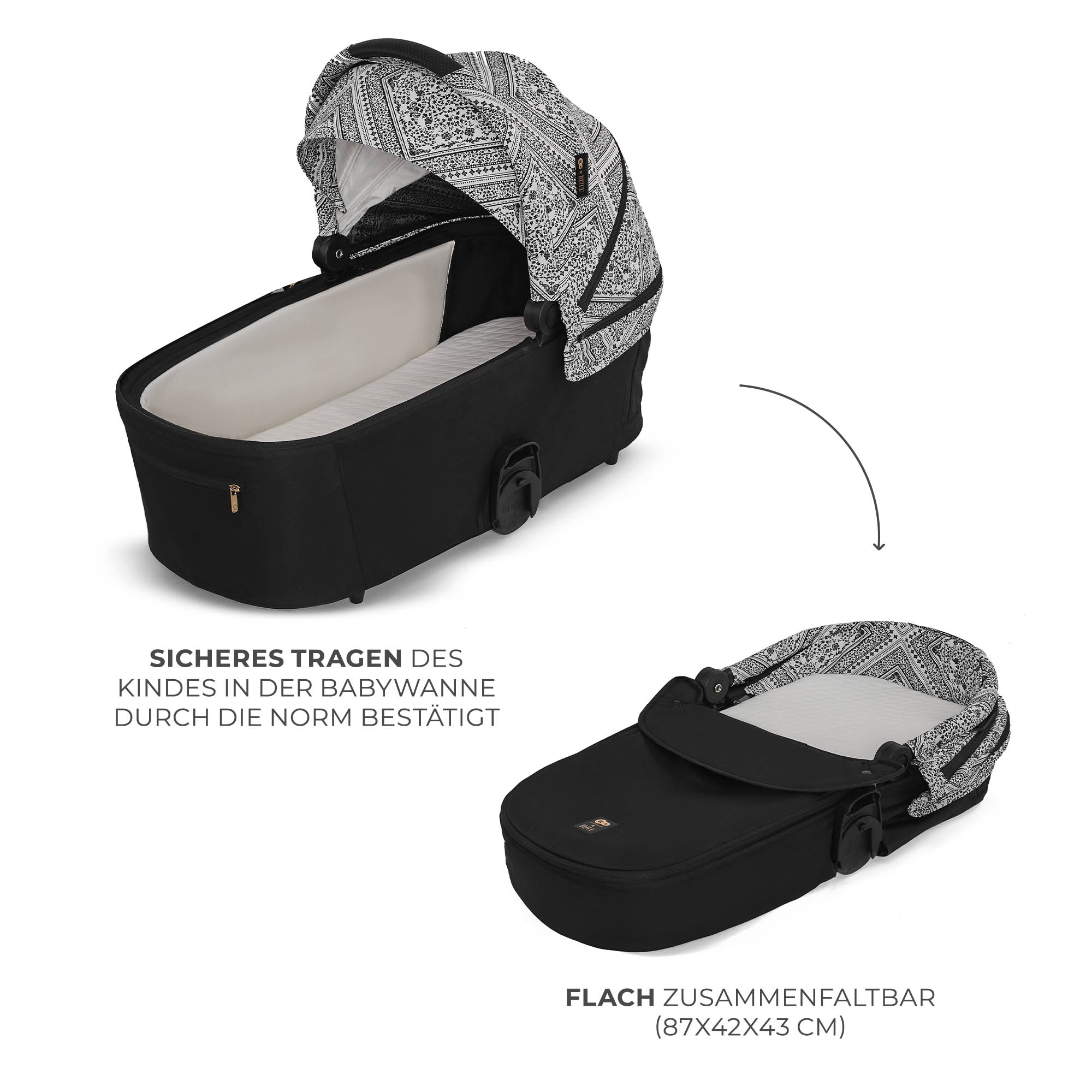 Ein schwarzer Kinderwagenaufsatz mit Musterhaube und weißer Matratze, flach faltbar.