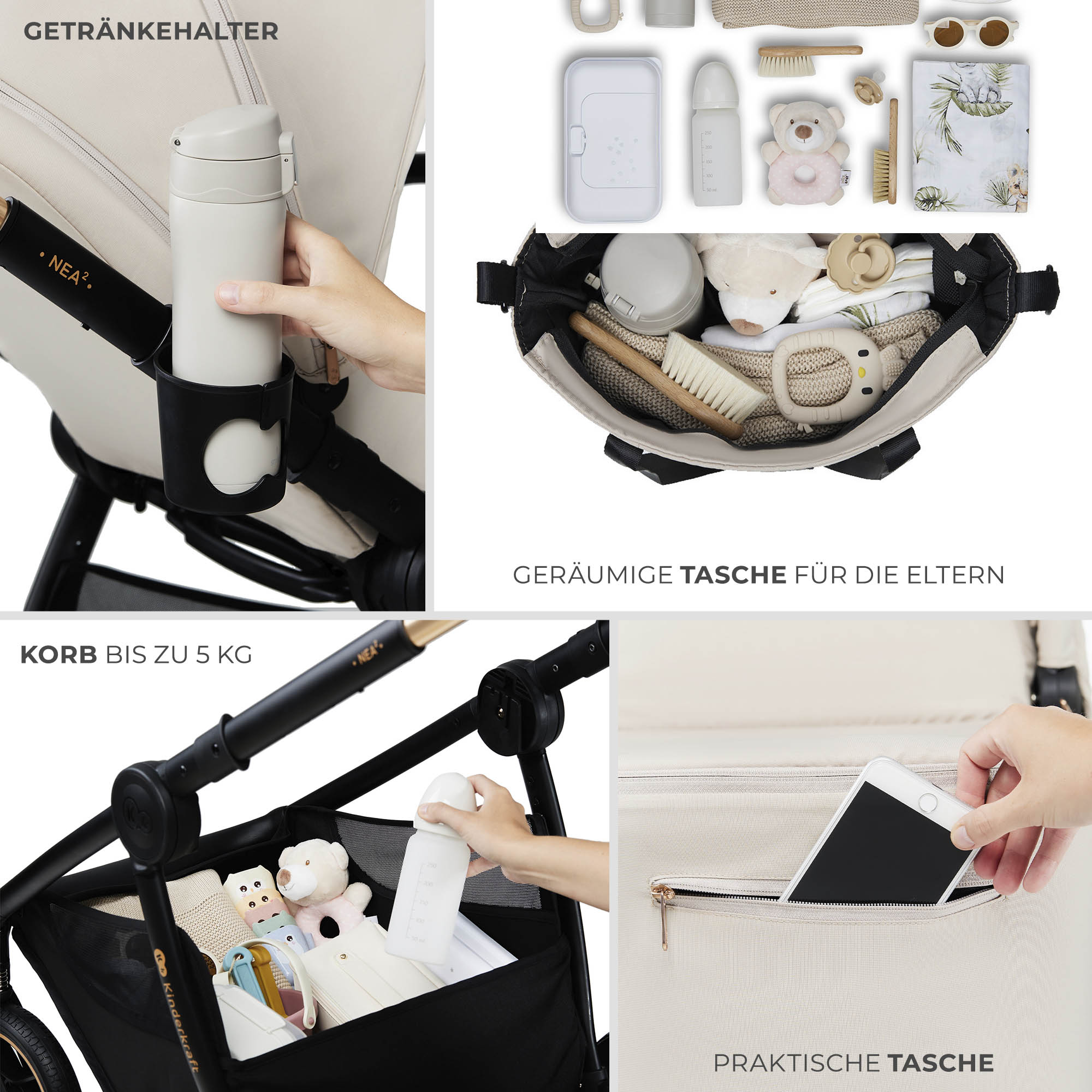 Beige Kinderwagen-Zubehör: Getränkehalter, Tasche mit Babyartikeln, Korb & Handyfach.