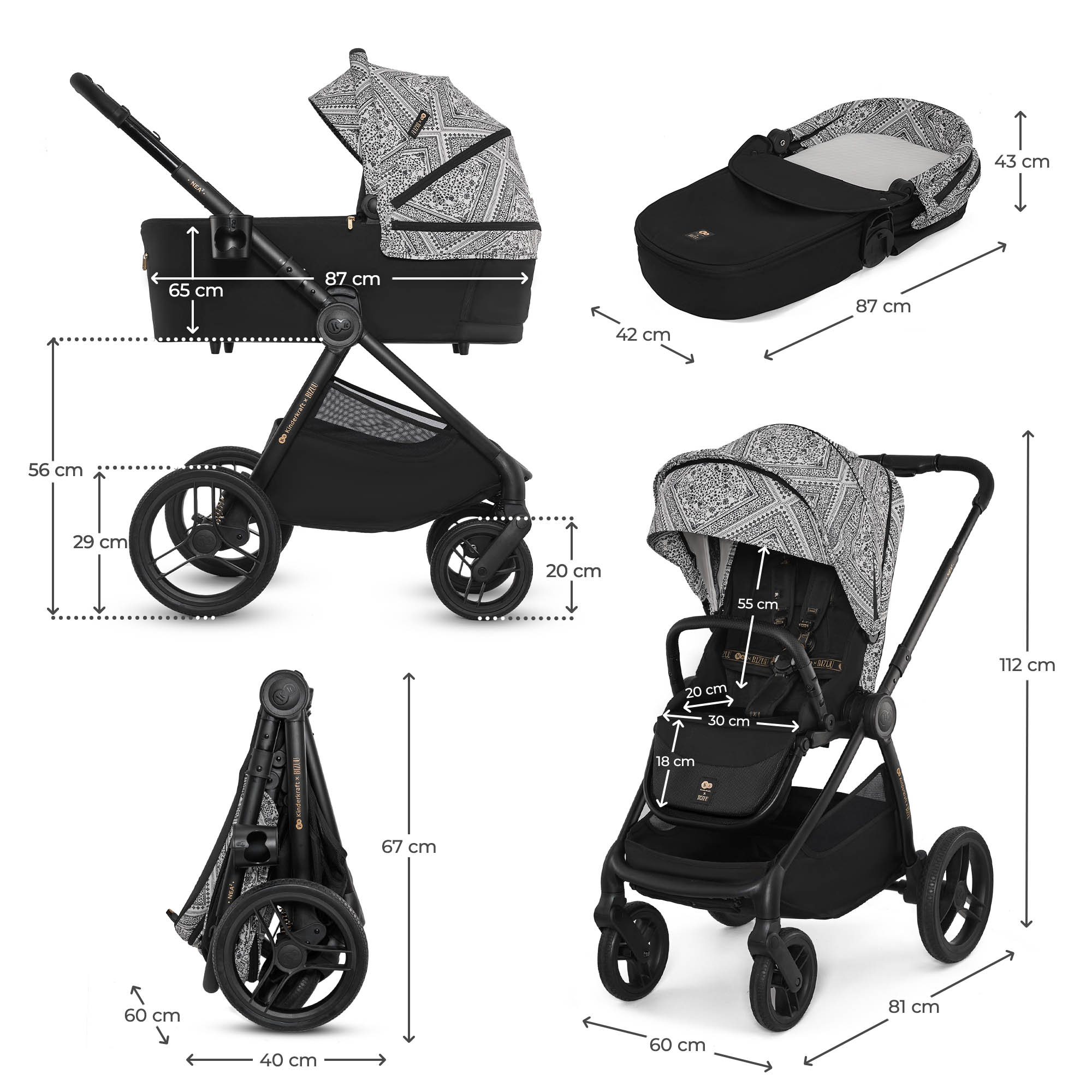 Kinderwagen und Zubehör mit Maßen: Ausgeklappt, zusammengeklappt, Liegewanne.