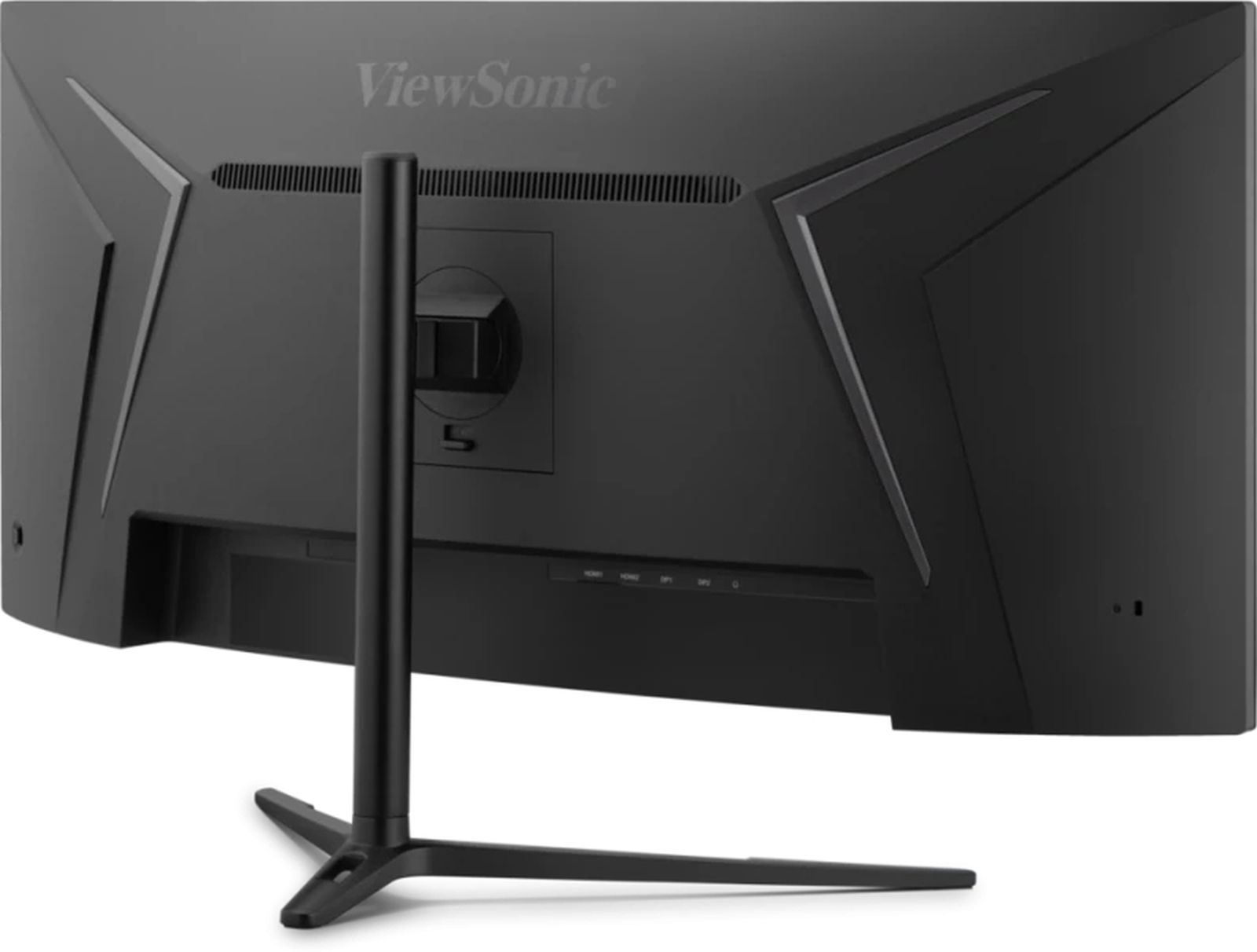 Rückseite eines schwarzen Monitors mit Ständer und dem ViewSonic-Logo.
