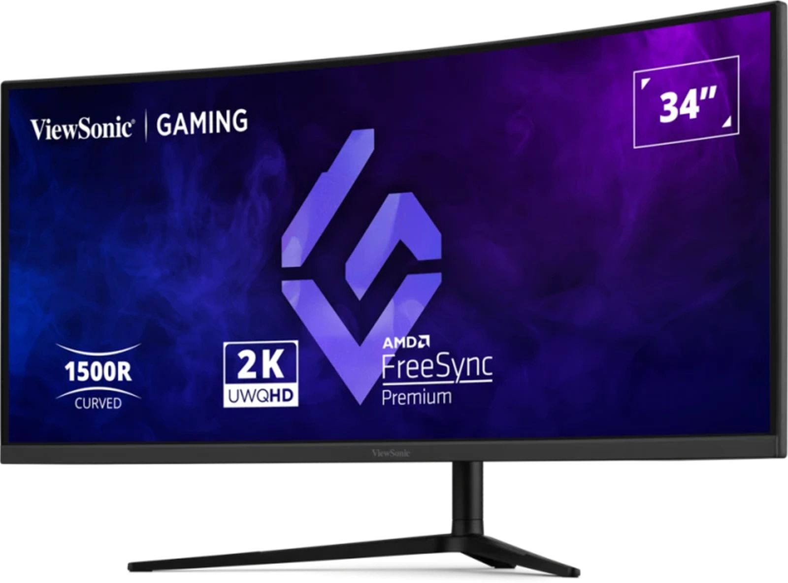 Ein 34-Zoll-Gaming-Monitor von ViewSonic mit 1500R Krümmung und 2K UWQHD Auflösung.