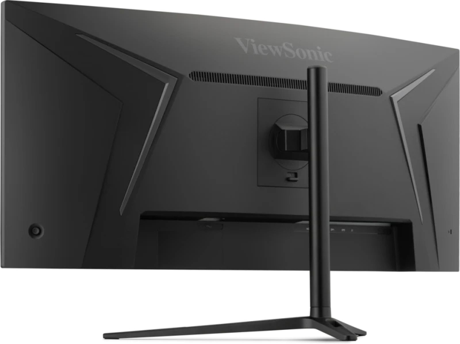 Rückseite eines schwarzen ViewSonic Monitors mit schwenkbarem Ständer und Lüftungsschlitzen.