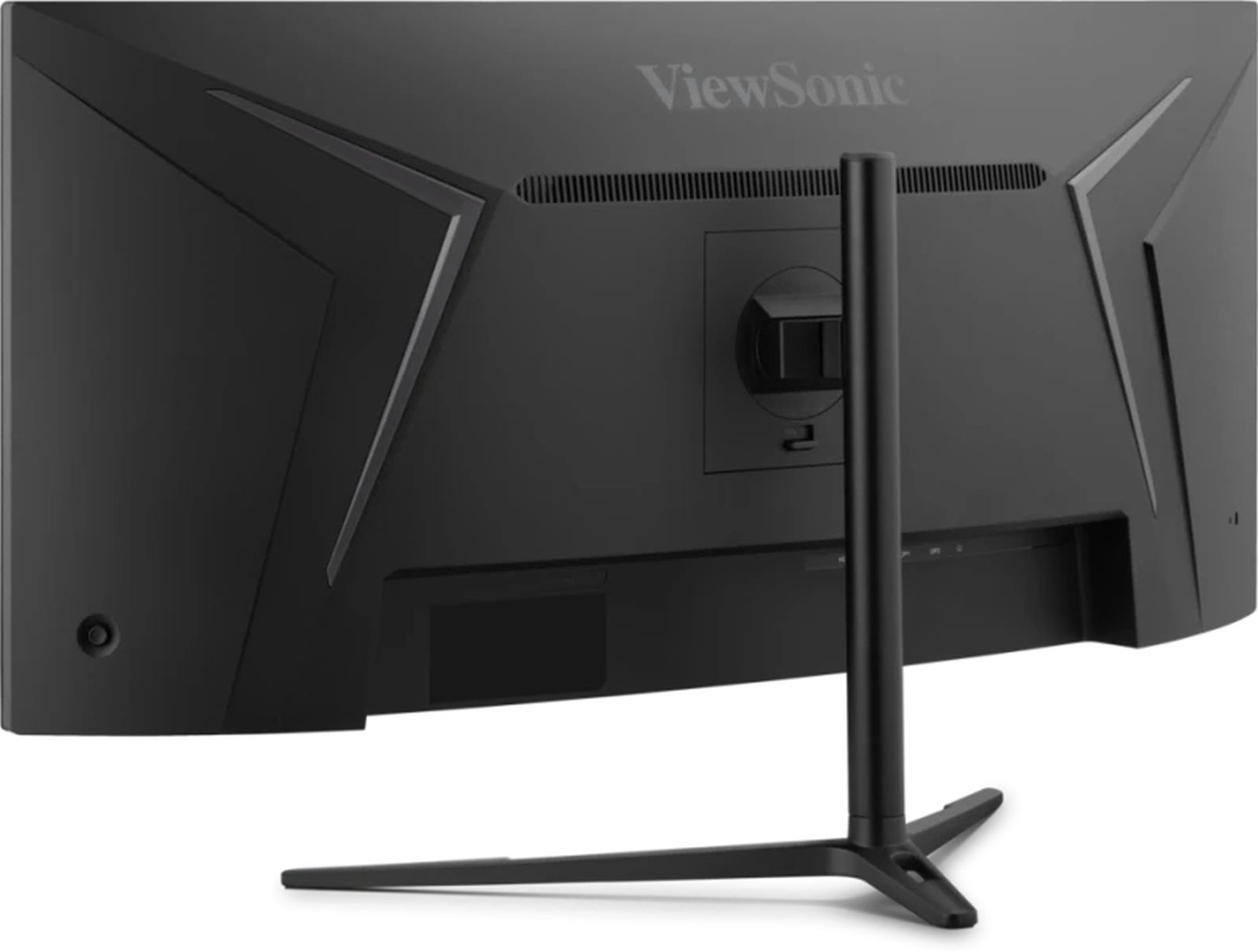 Rückseite eines schwarzen ViewSonic Monitors mit dreieckigen Akzenten.