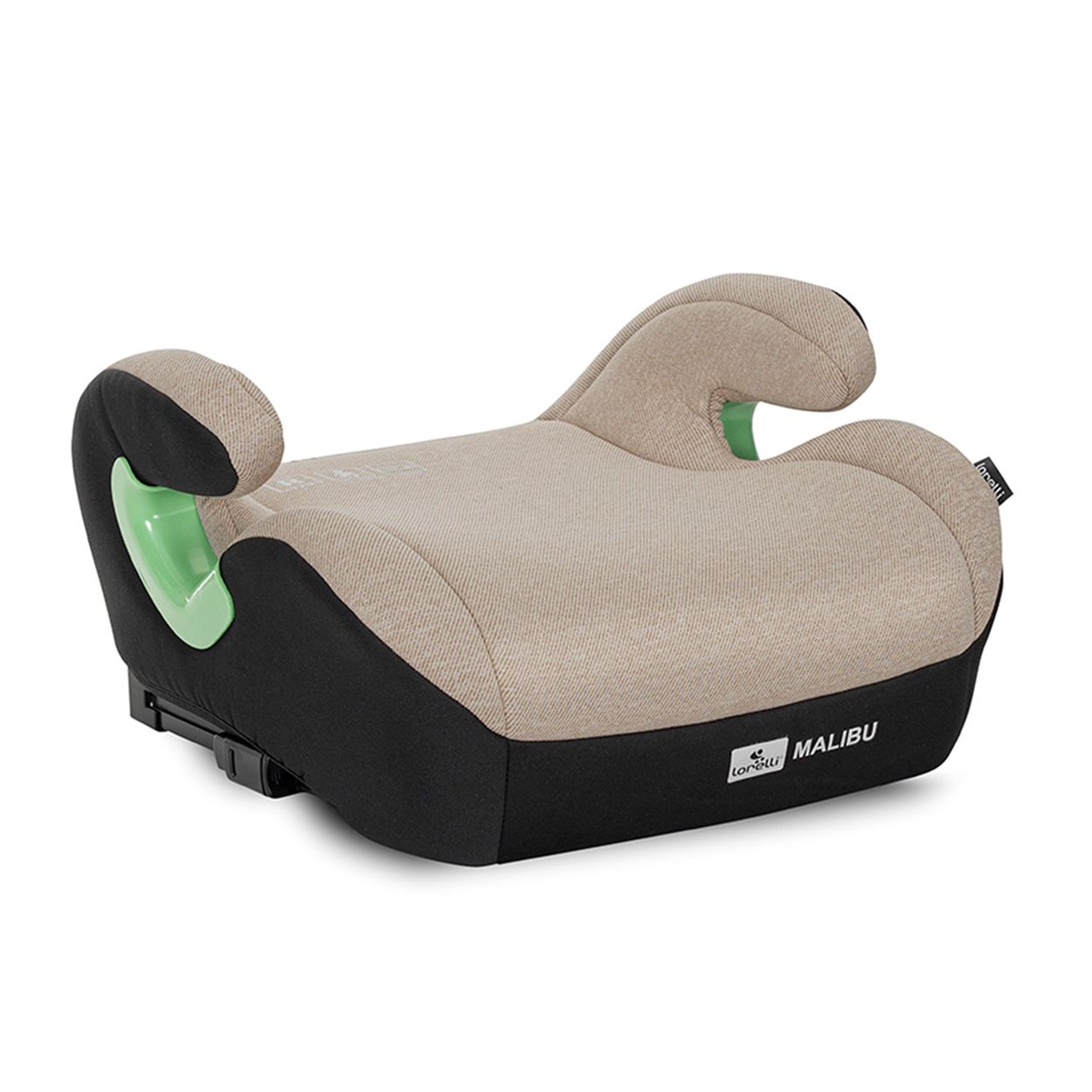 Beiger Kindersitz mit schwarzen Akzenten und grünen Armlehnen.