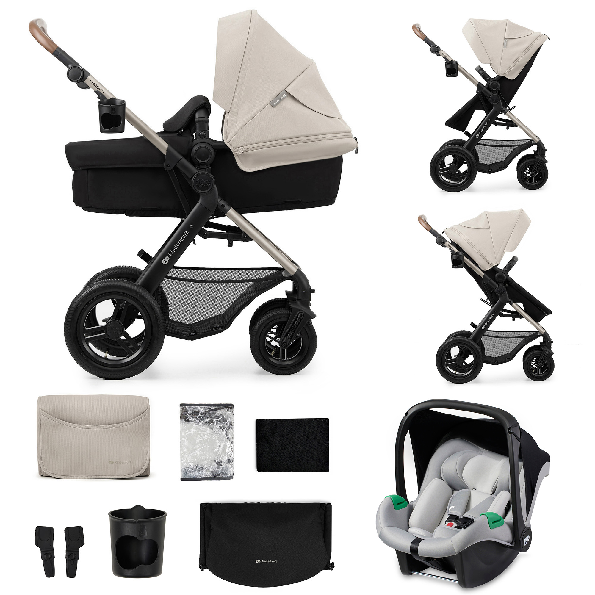 Kinderwagen und Zubehör: Wanne, Autositz, Becherhalter, Regenverdeck, Tasche.