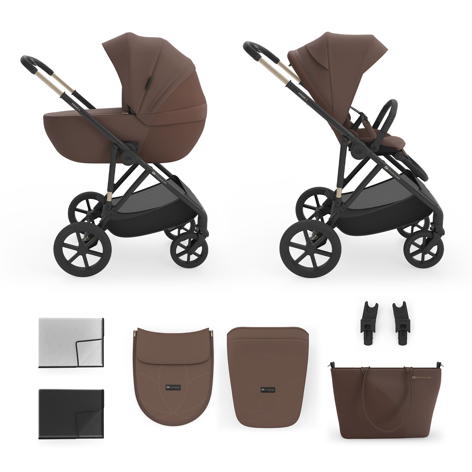 Brauner Kinderwagen mit Zubehör: Liegewanne, Sitzeinheit, Wickeltasche, Adapter, Schutzhüllen.