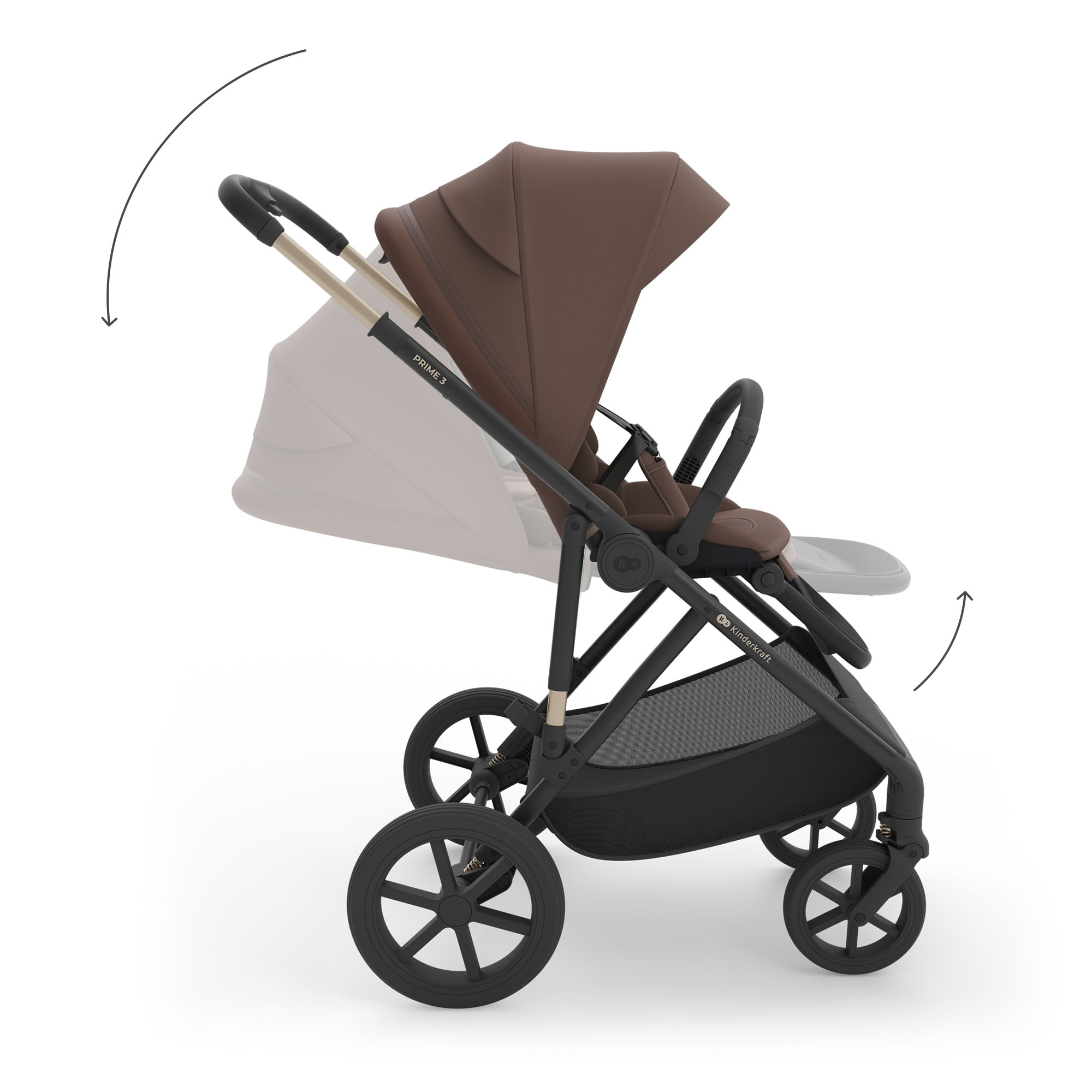 Brauner Kinderwagen mit schwarzem Gestell, verstellbarem Griff und Haube.