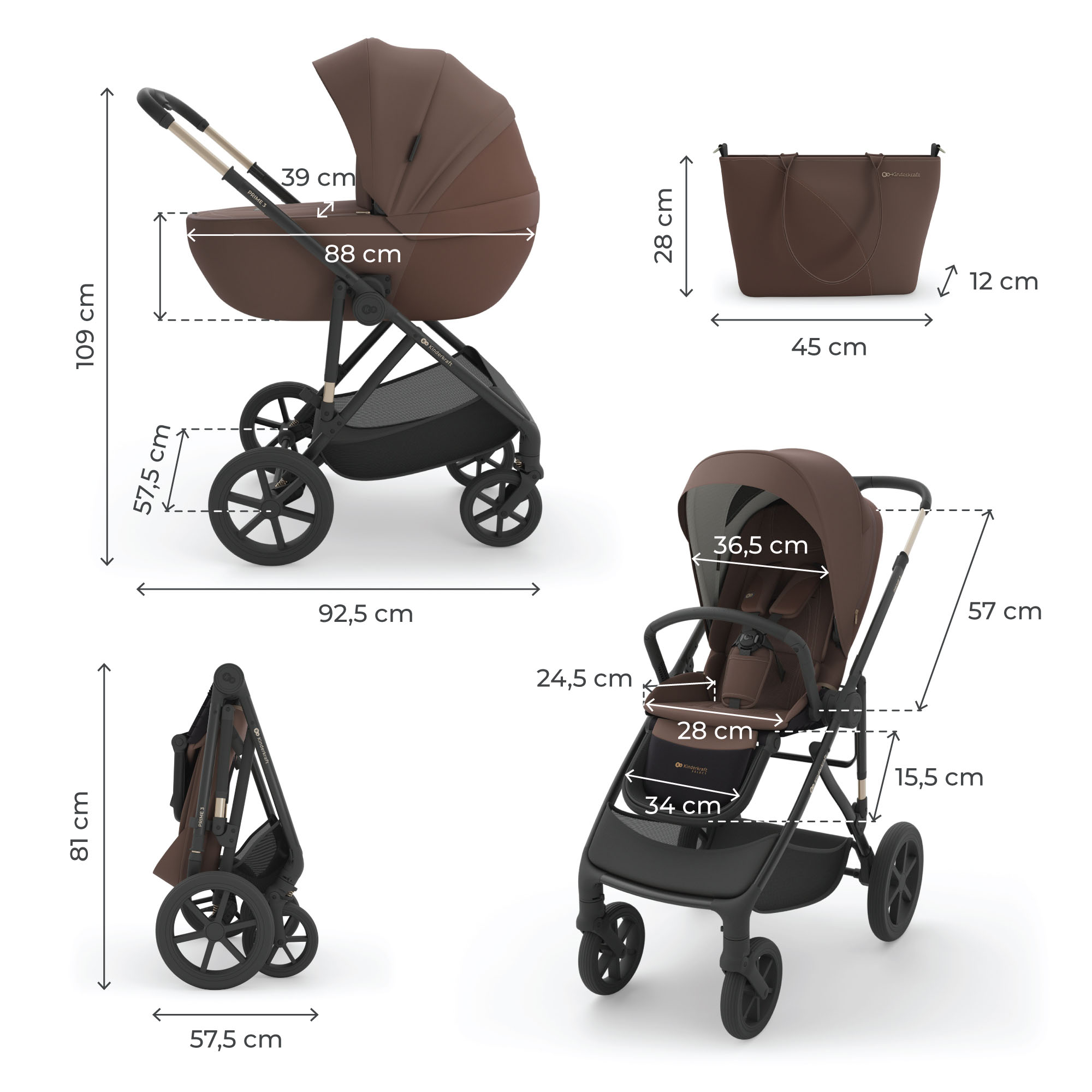 Brauner Kinderwagen mit Zubehör und Maßen.