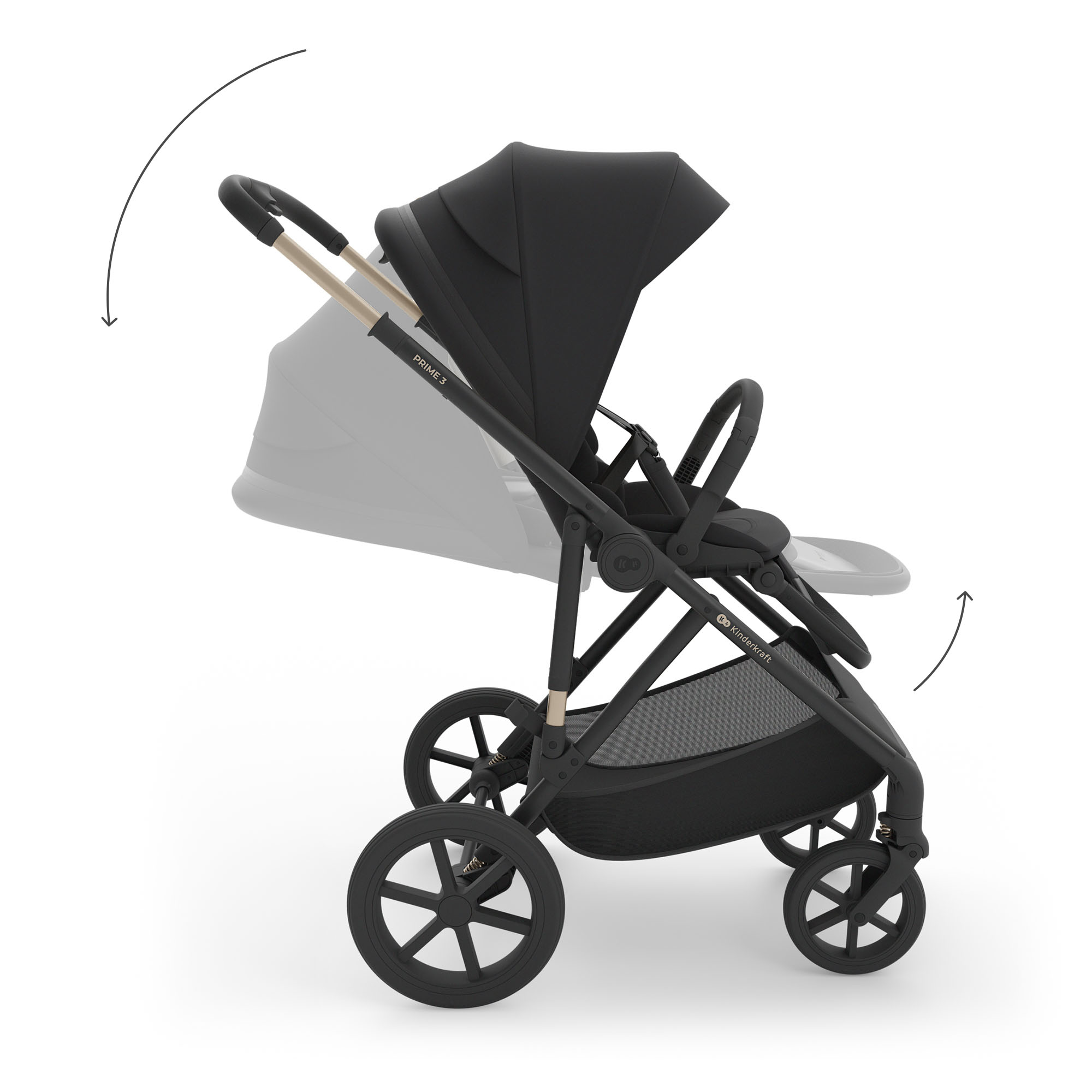 Schwarzer Kinderwagen mit verstellbarem Griff und Haube, auf weißem Hintergrund.