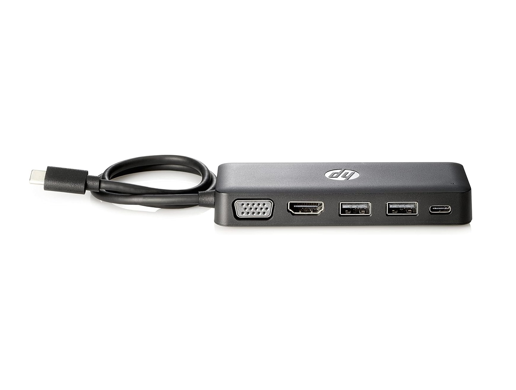 Czarny koncentrator HP USB-C z portami VGA, HDMI i USB.
