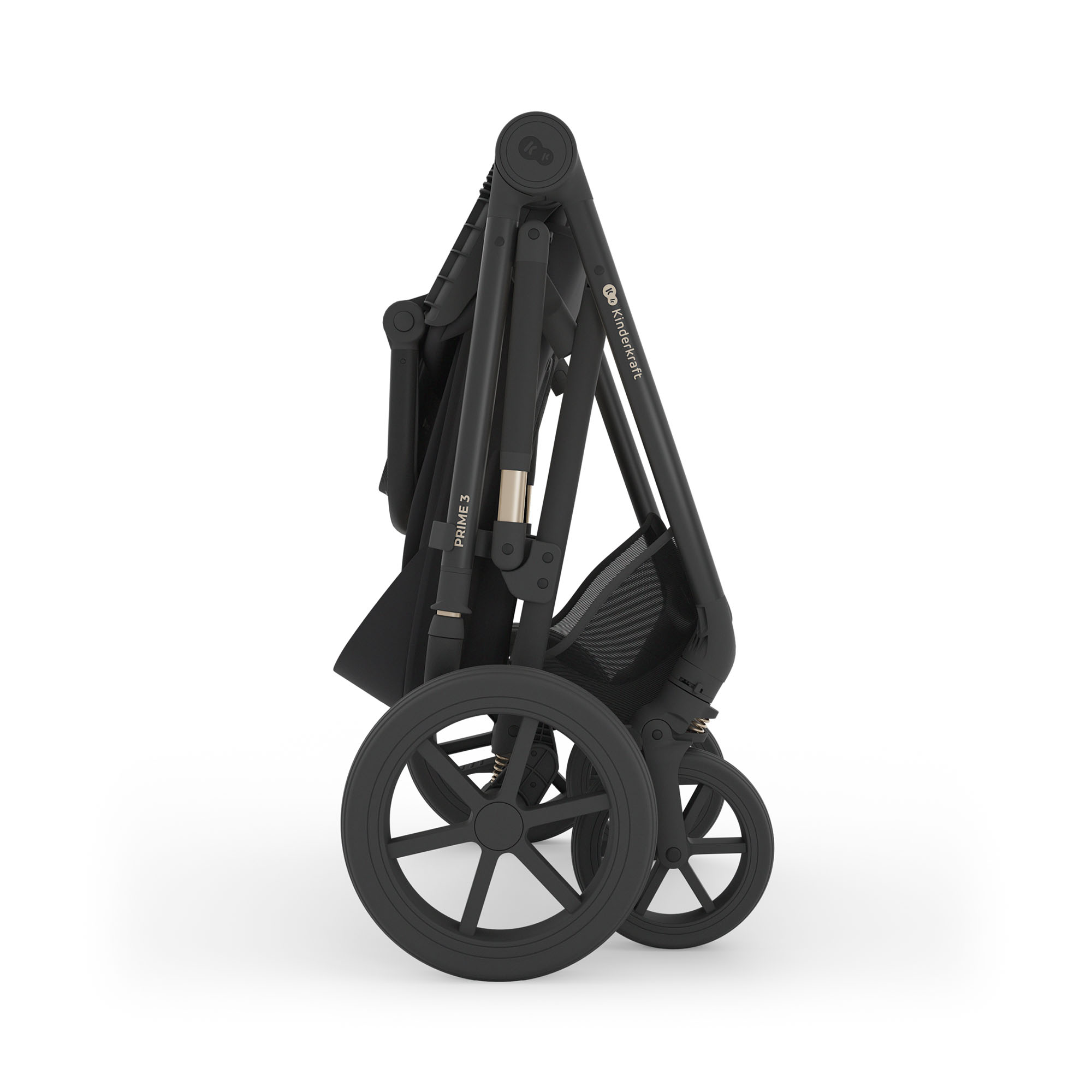 Ein zusammengeklappter schwarzer Kinderwagen mit großen Rädern.