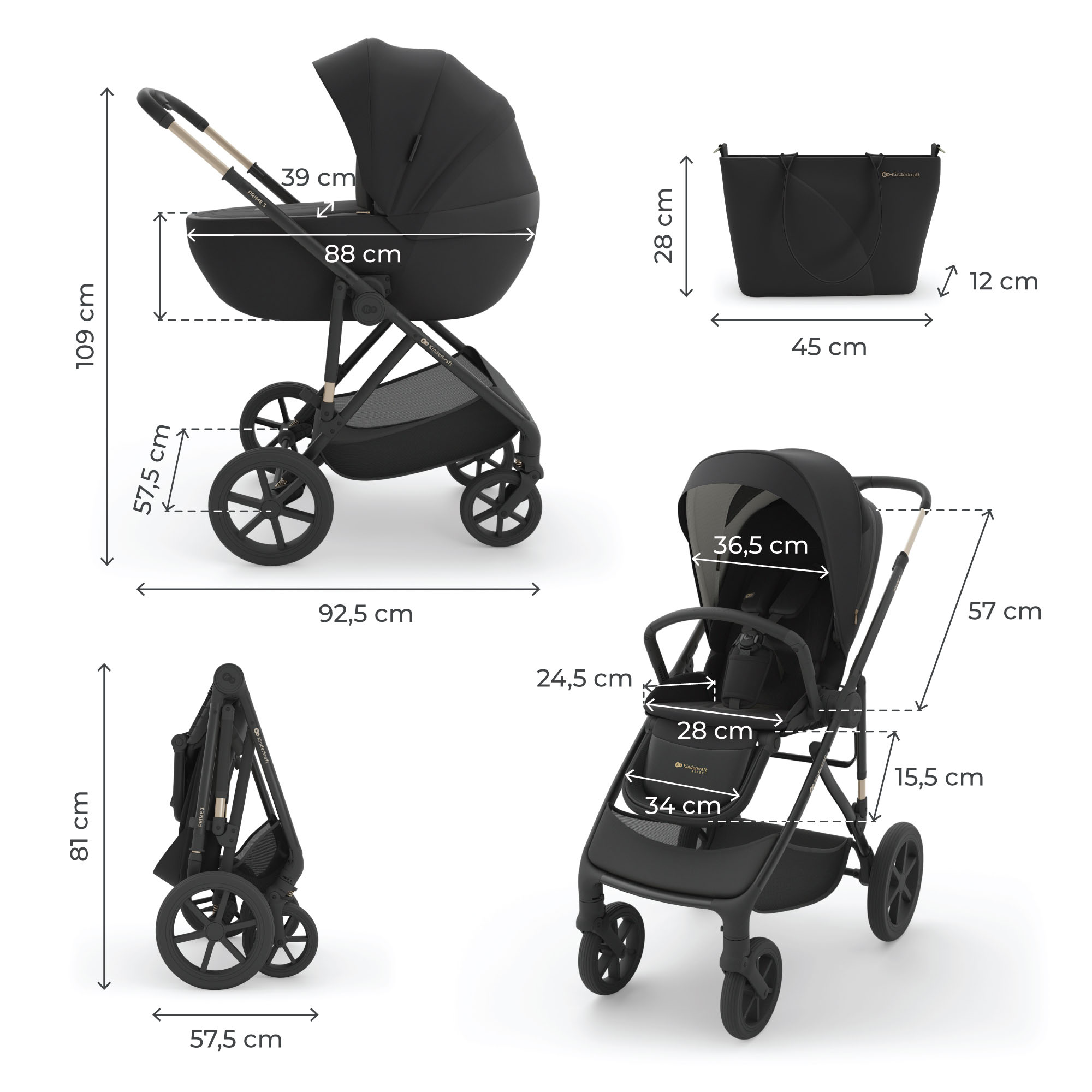 Ein schwarzer Kinderwagen mit Zubehör wird mit Maßen gezeigt.