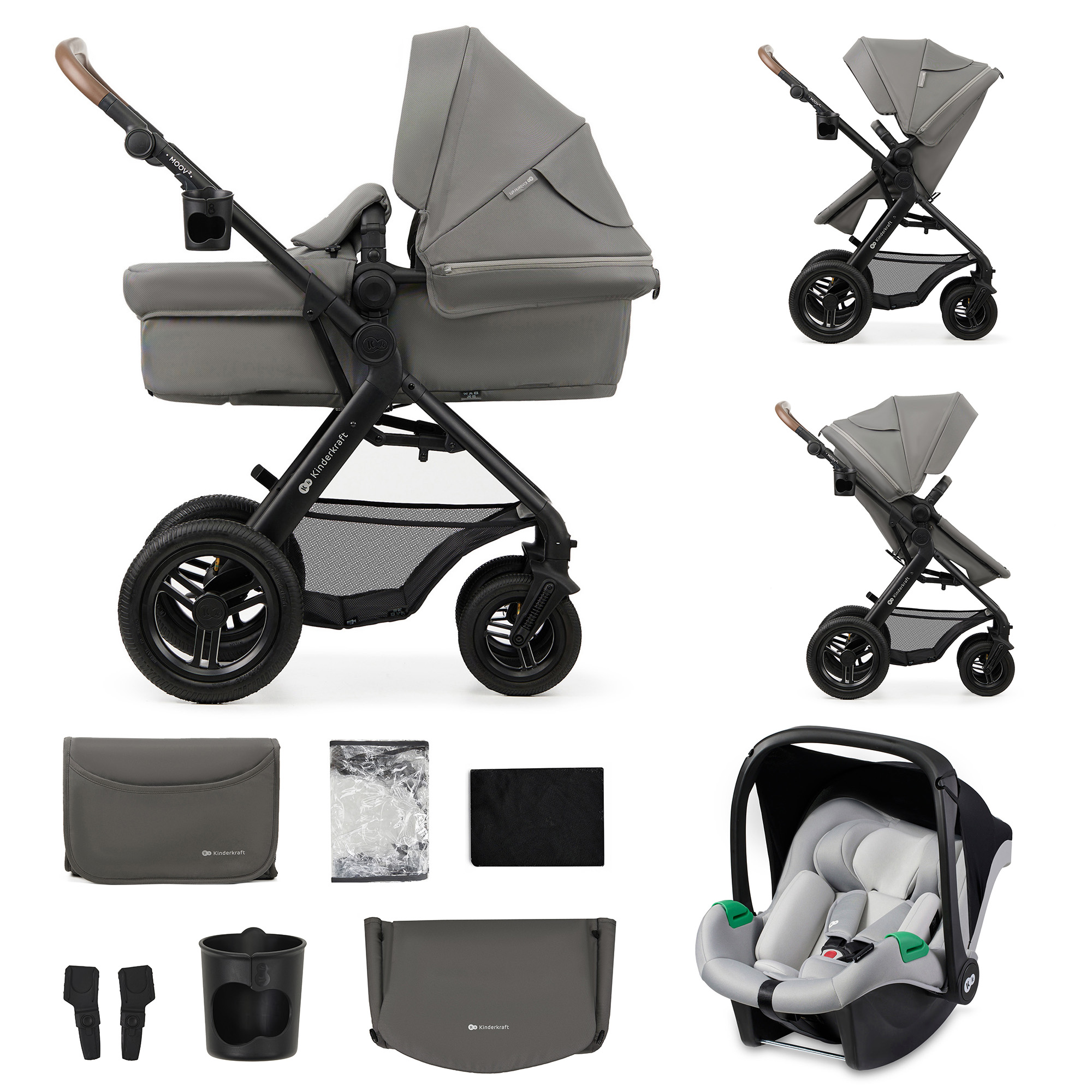 Grauer Kinderwagen mit Babywanne, Autositz und Zubehör.