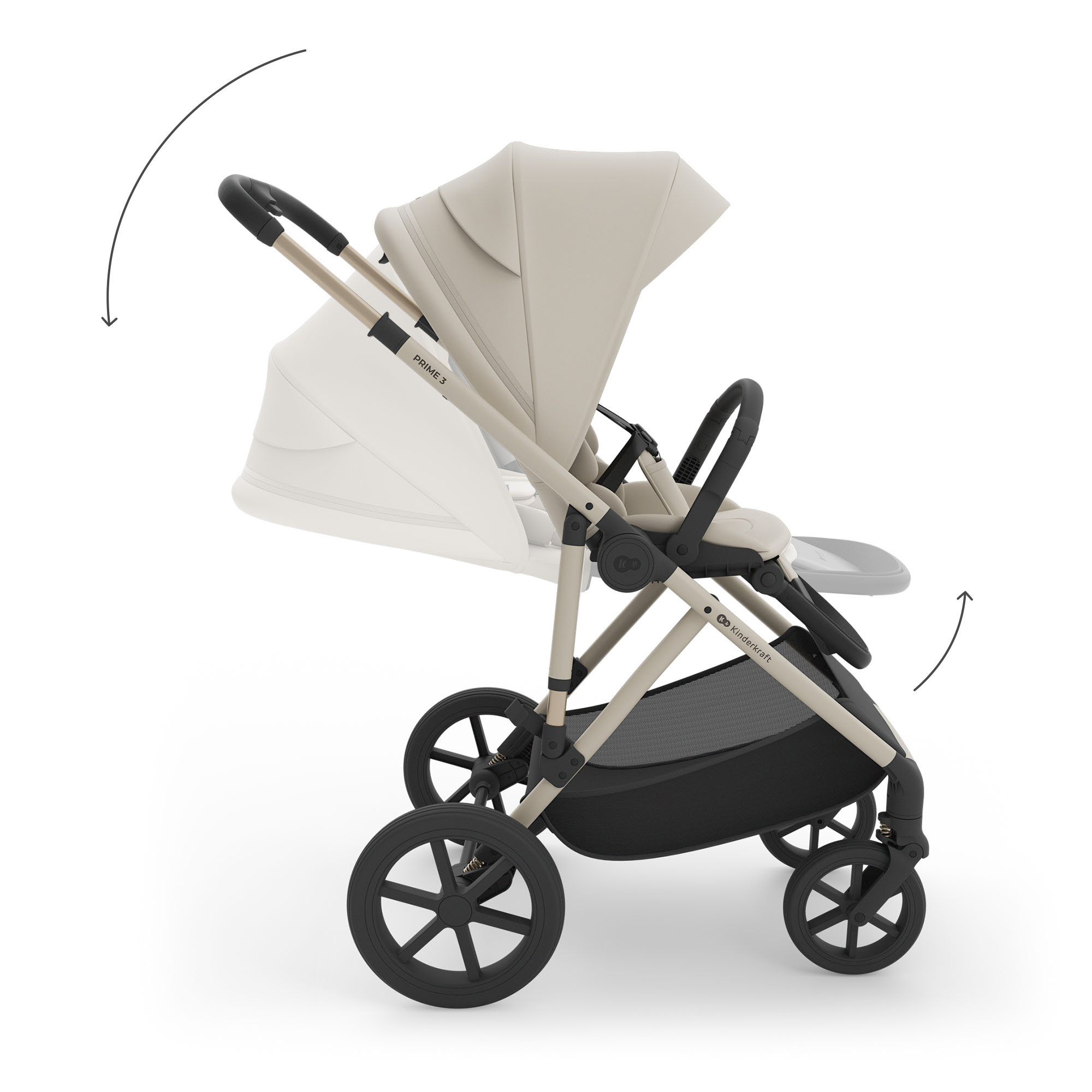 Ein beiger Kinderwagen mit schwarzen Rädern und Griffen auf weißem Hintergrund.
