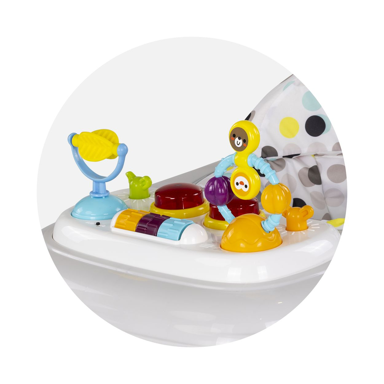 Ein bunter Spielzeug-Babywalker mit verschiedenen Aktivitäten und Lichtern.