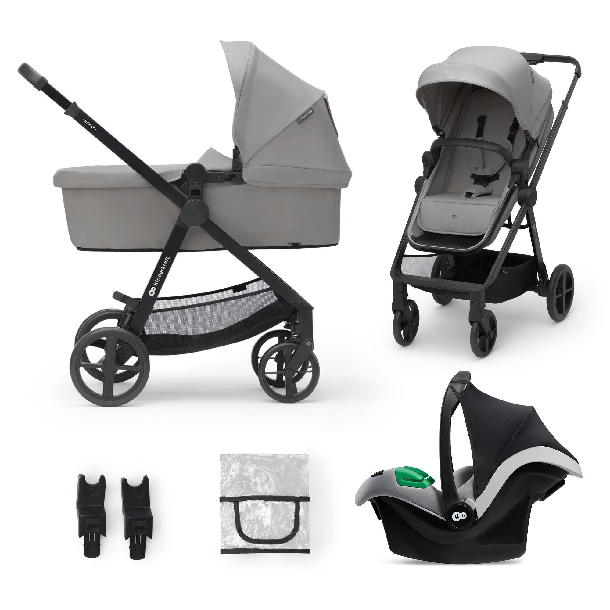 Ein grauer Kinderwagen mit Babywanne, Sitz und Autositz, plus Zubehör.