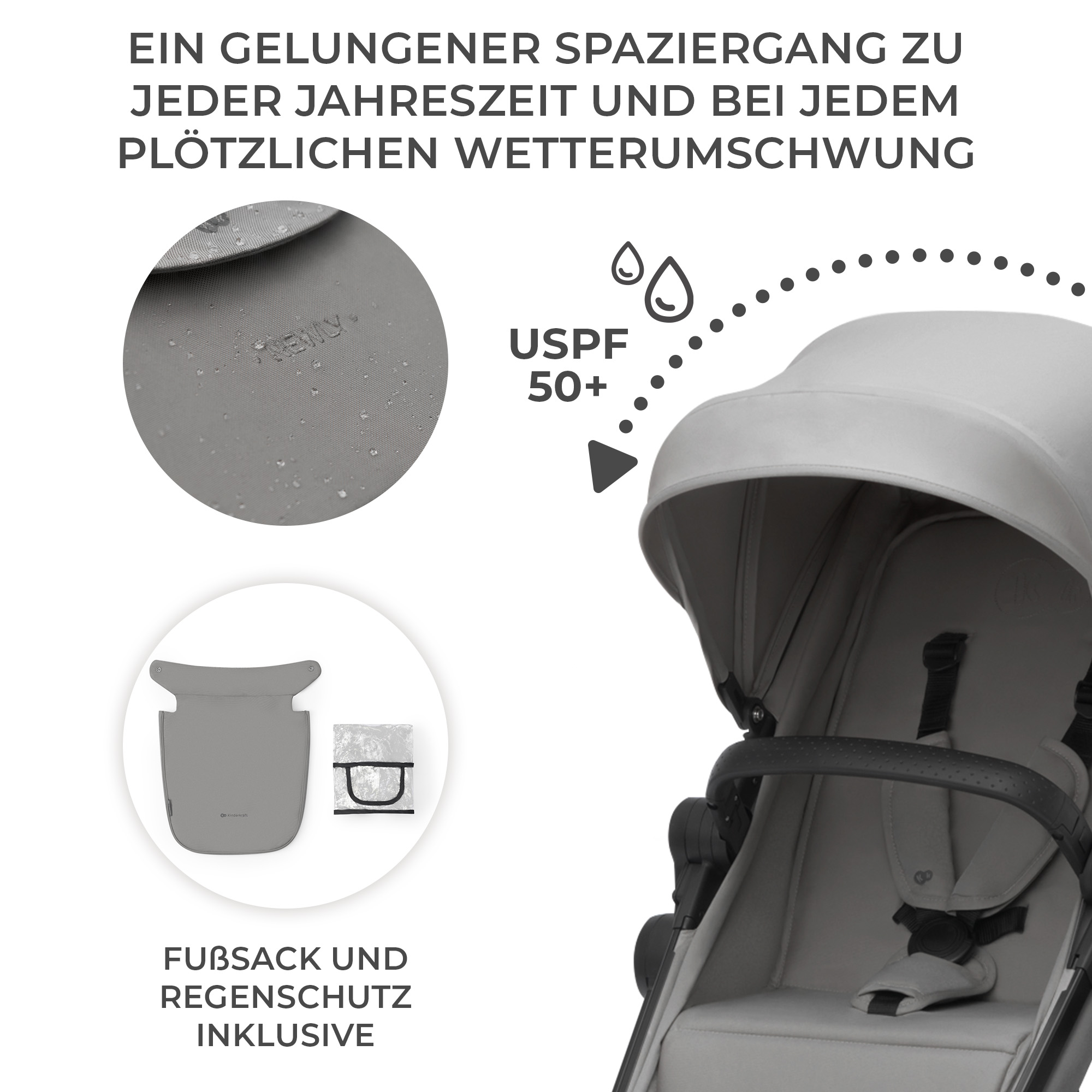 Kinderwagen mit Fußsack und Regenschutz. Wasserabweisendes Material.