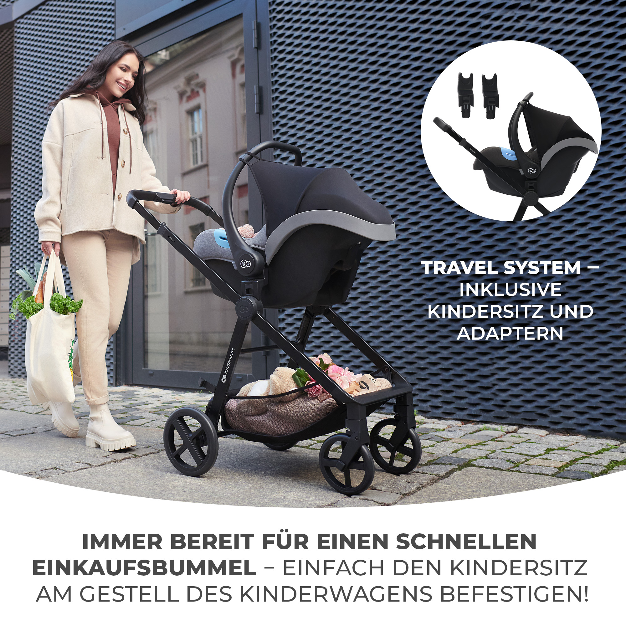 Eine Frau schiebt einen Kinderwagen mit Babyschale und Einkaufstasche.