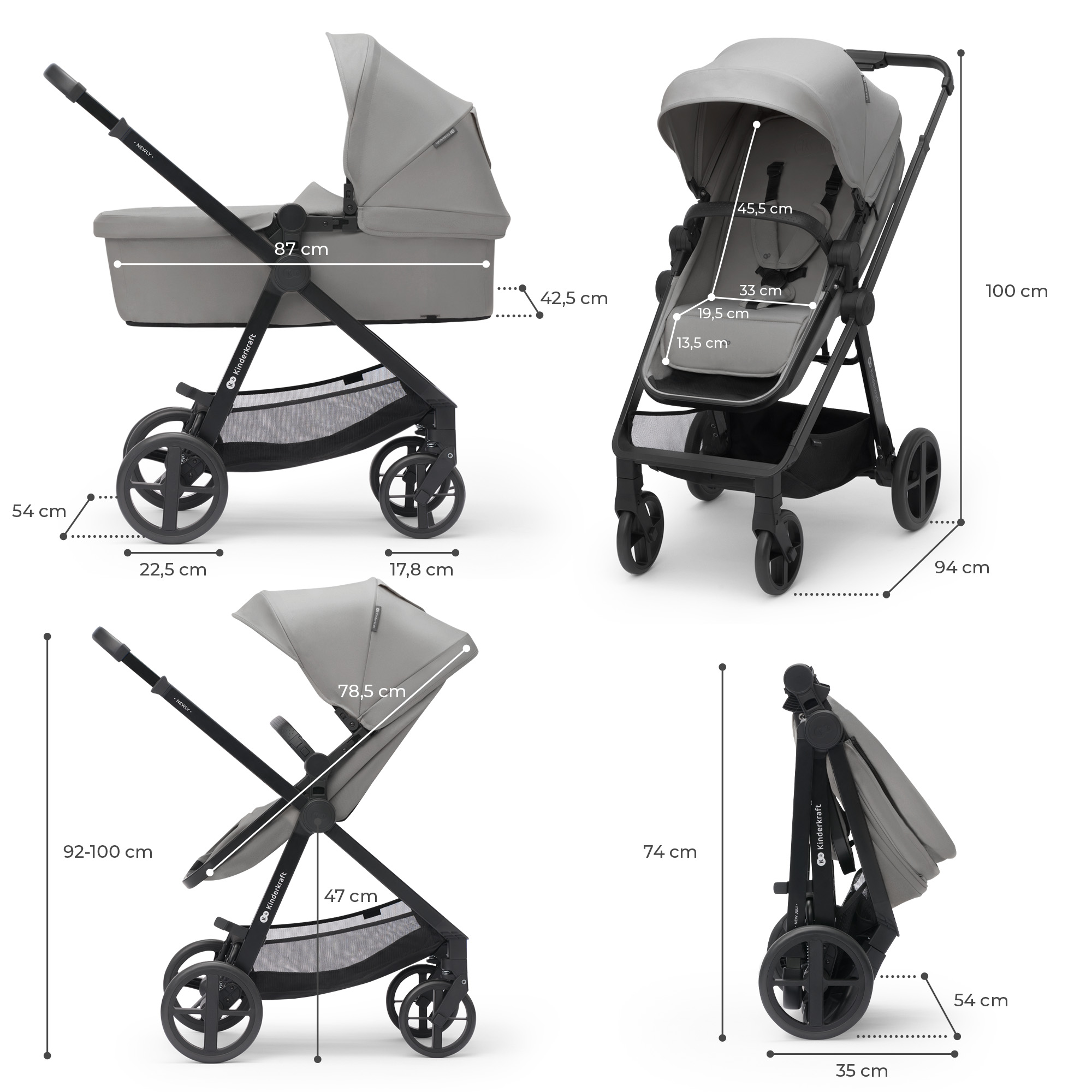Grauer Kinderwagen mit Maßen in verschiedenen Ansichten.