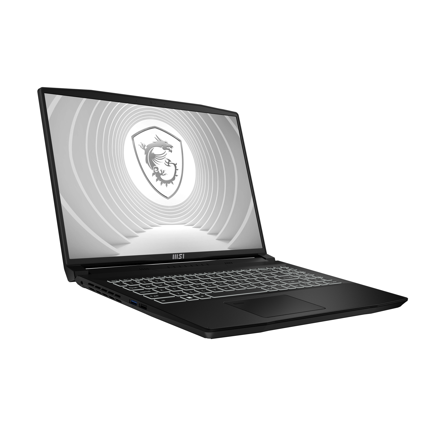 Czarny laptop z podświetlaną klawiaturą i logo MSI na ekranie.