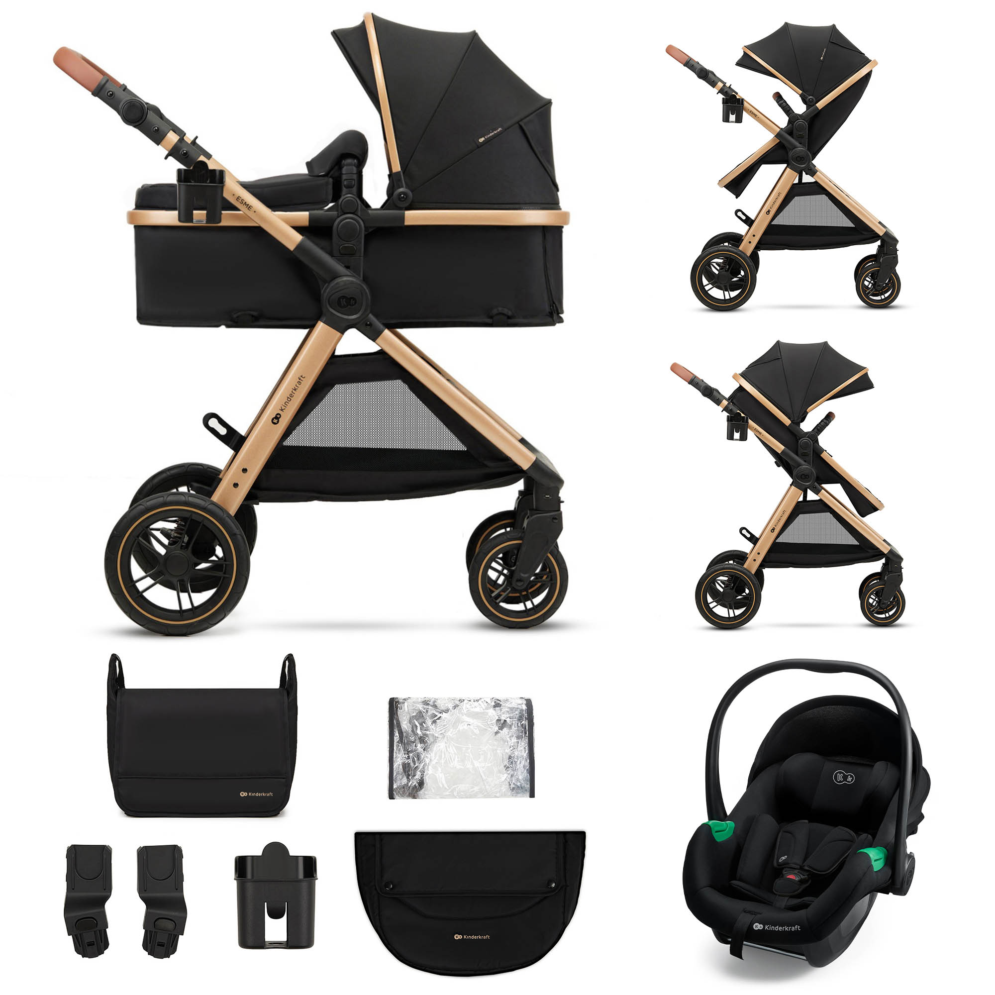 Ein schwarzer Kinderwagen mit goldenen Akzenten, Zubehör und Autositz.
