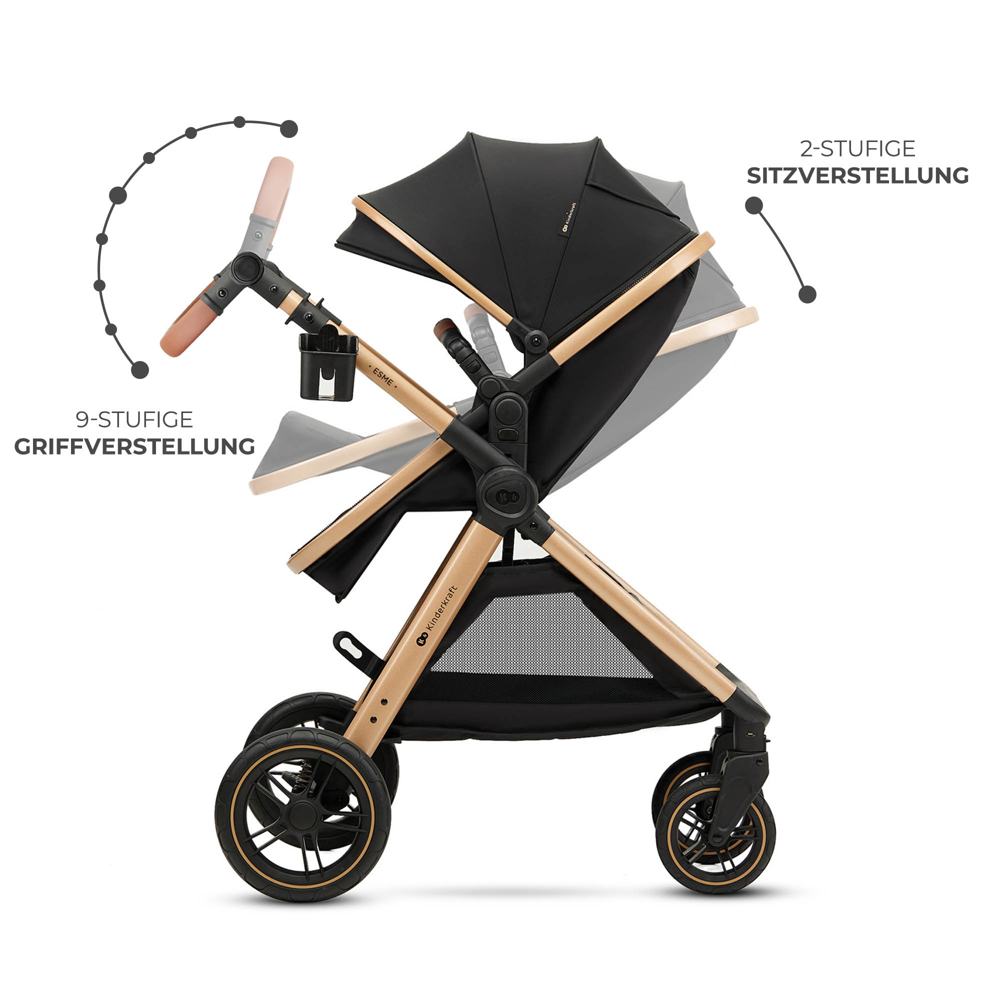 Ein schwarzer Kinderwagen mit Holzdetails und verstellbarem Griff und Sitz.