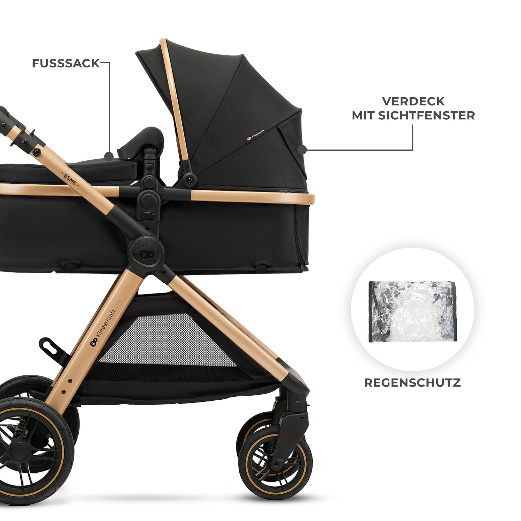 Schwarzer Kinderwagen mit goldfarbenem Rahmen und Zubehör.