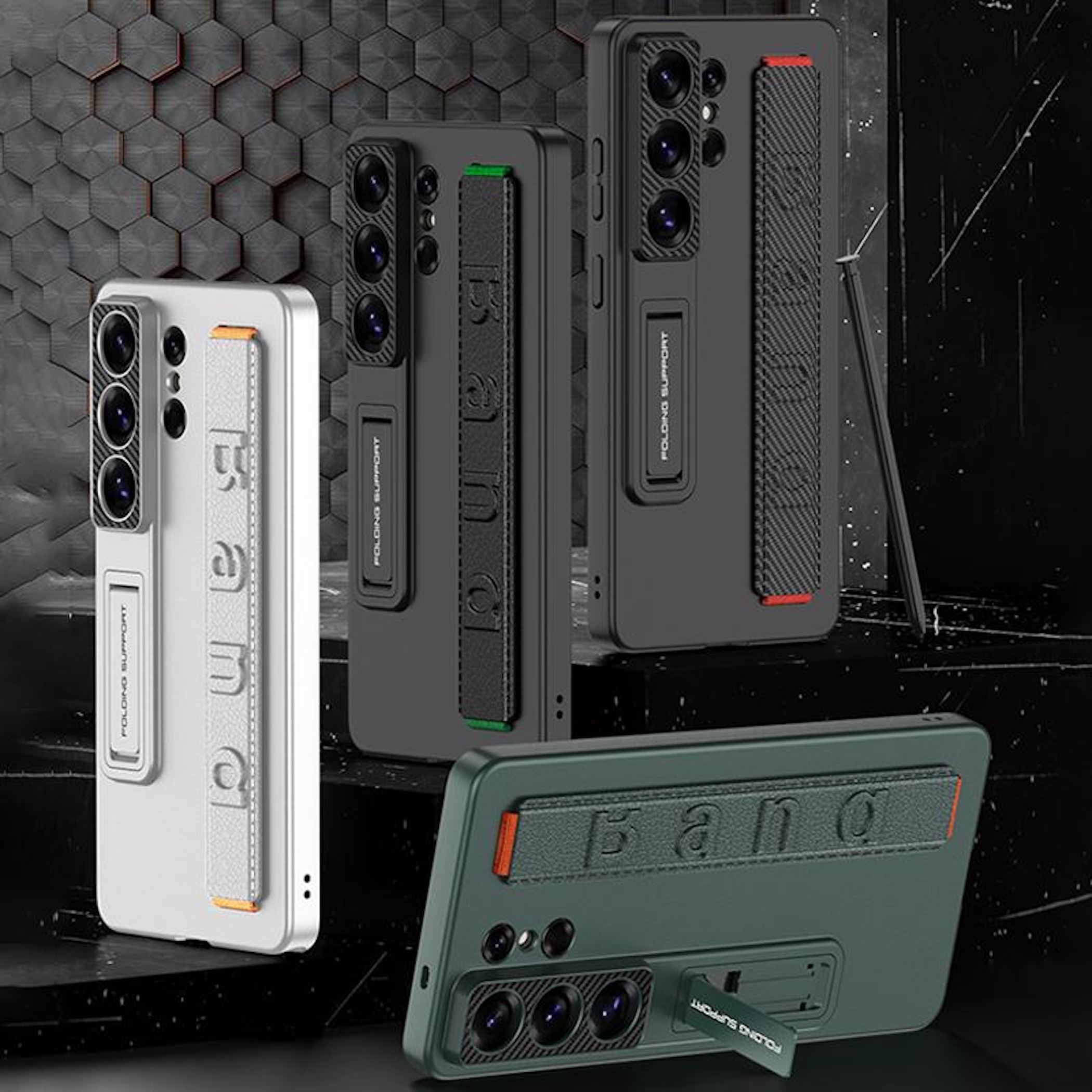 Tres fundas de teléfono en blanco, negro y verde, con correas y vista de cámara.