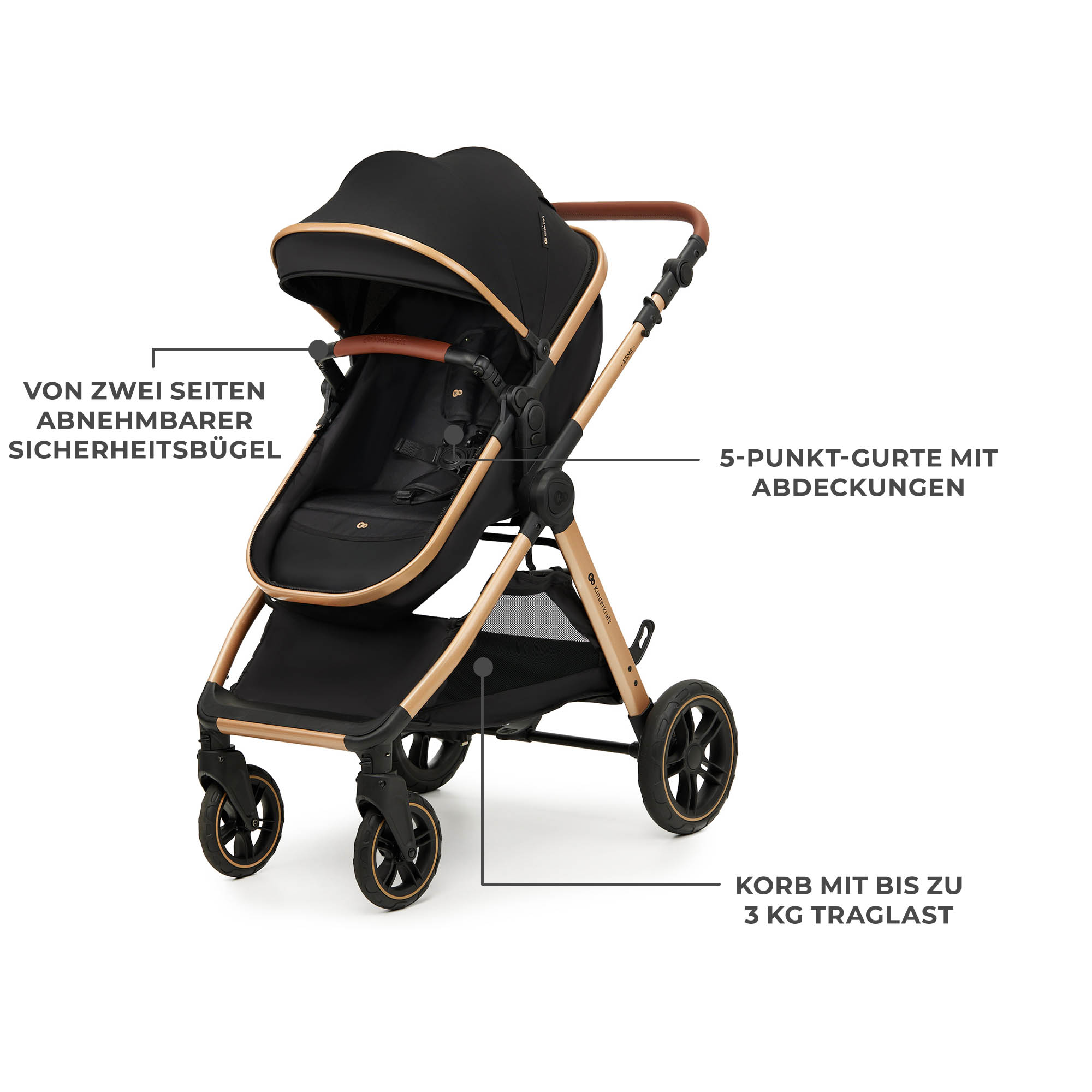 Schwarzer Kinderwagen mit goldenem Rahmen, abnehmbarem Bügel.