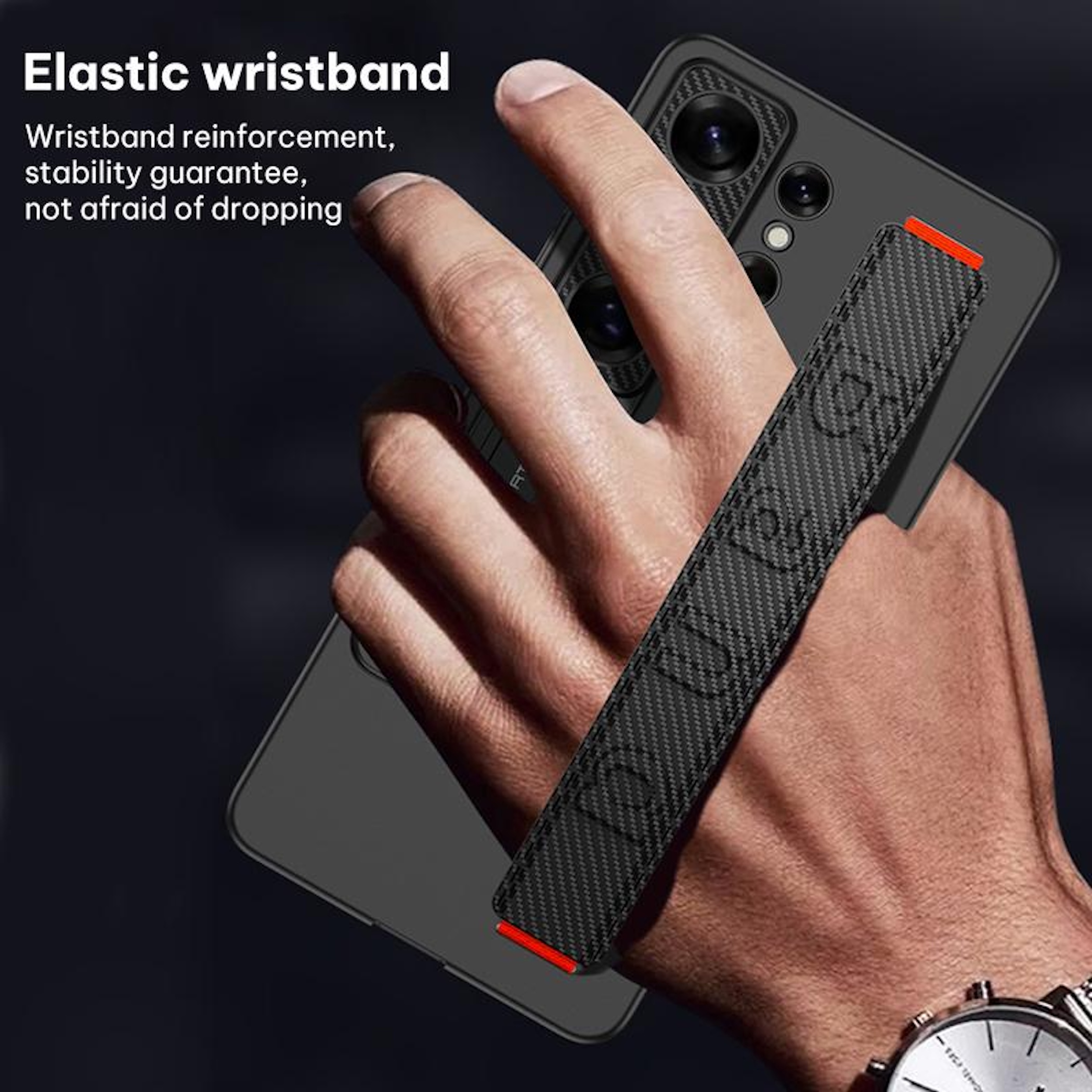 Mano sujetando funda negra para teléfono con pulsera elástica y tira roja.