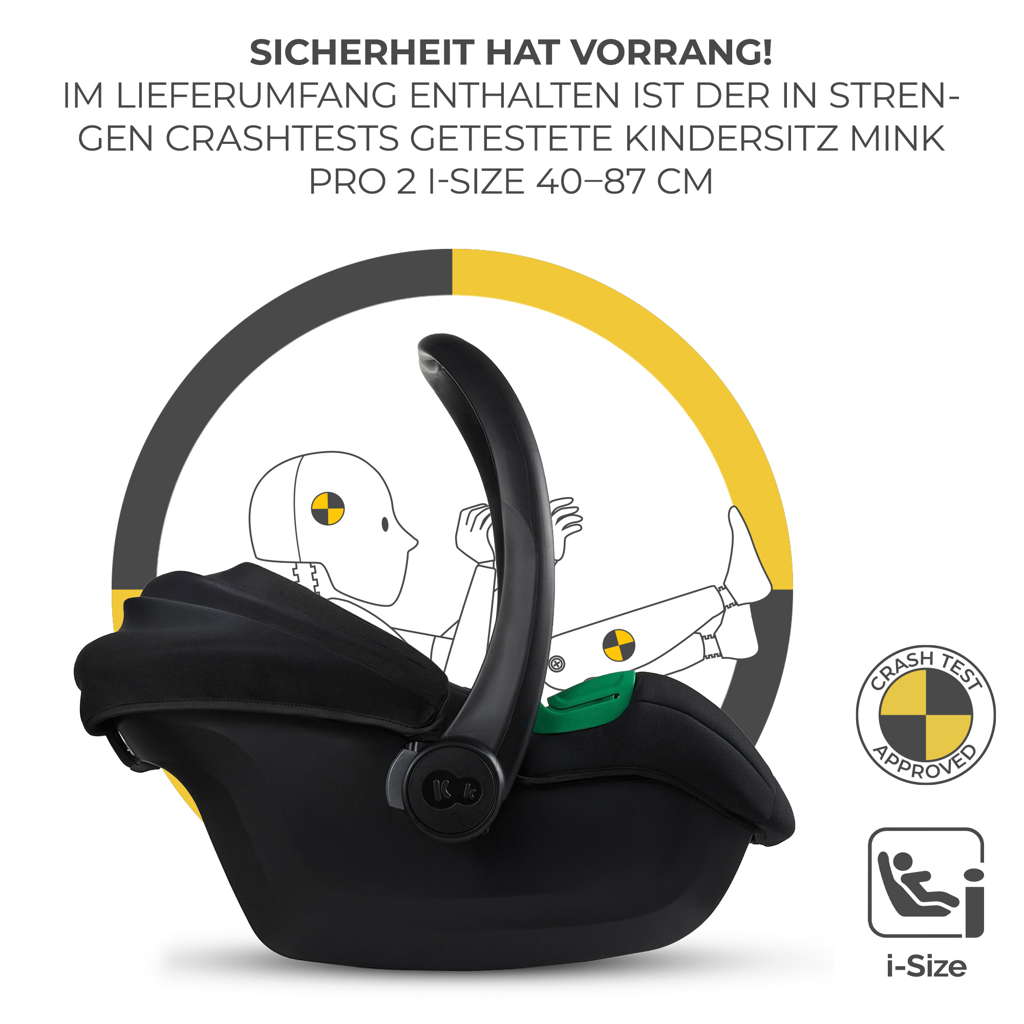 Schwarzer Kindersitz mit Crashtest-Symbol und i-Size-Zeichen.