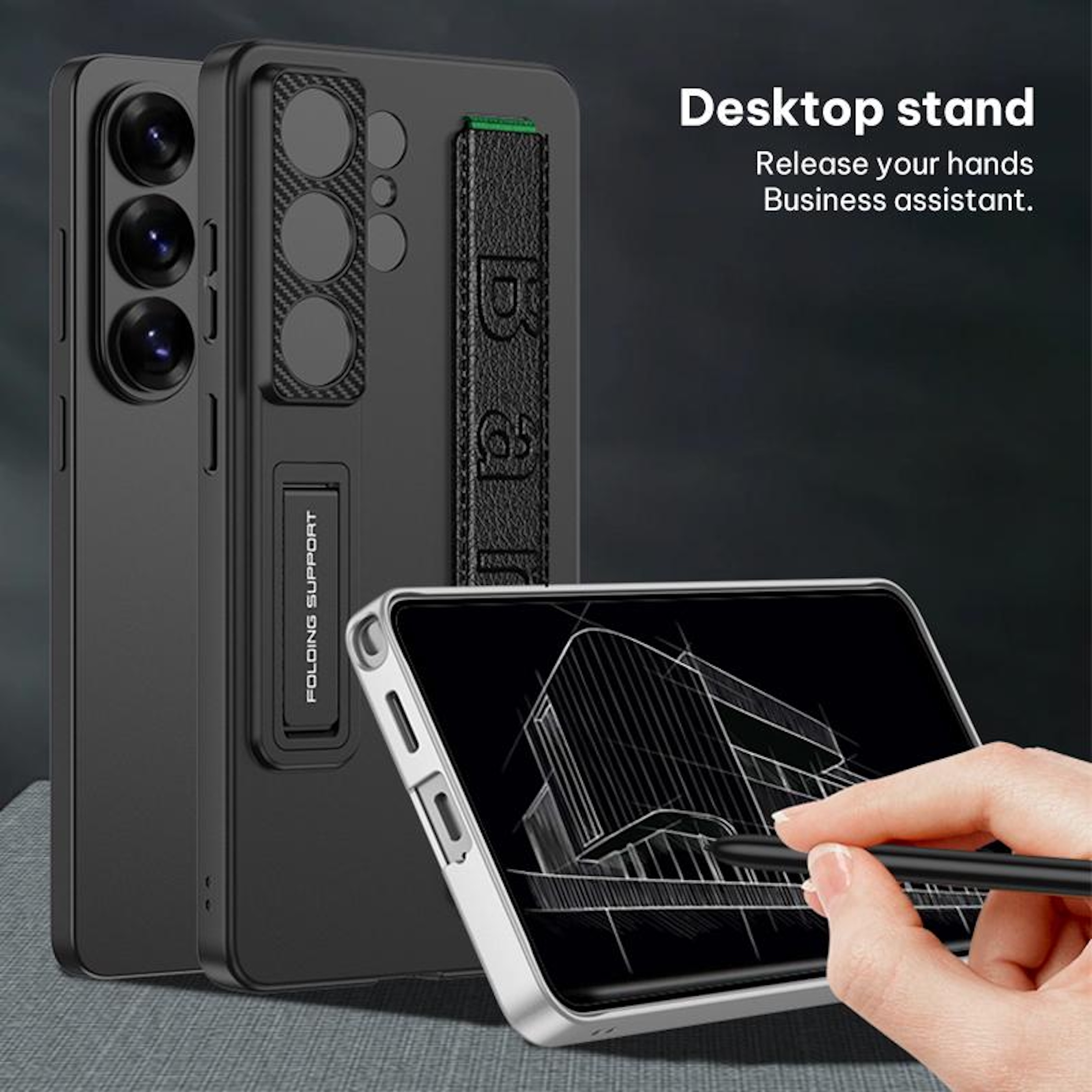 Funda negra para teléfono con soporte y agarre. Una mano usa un lápiz óptico en el teléfono.