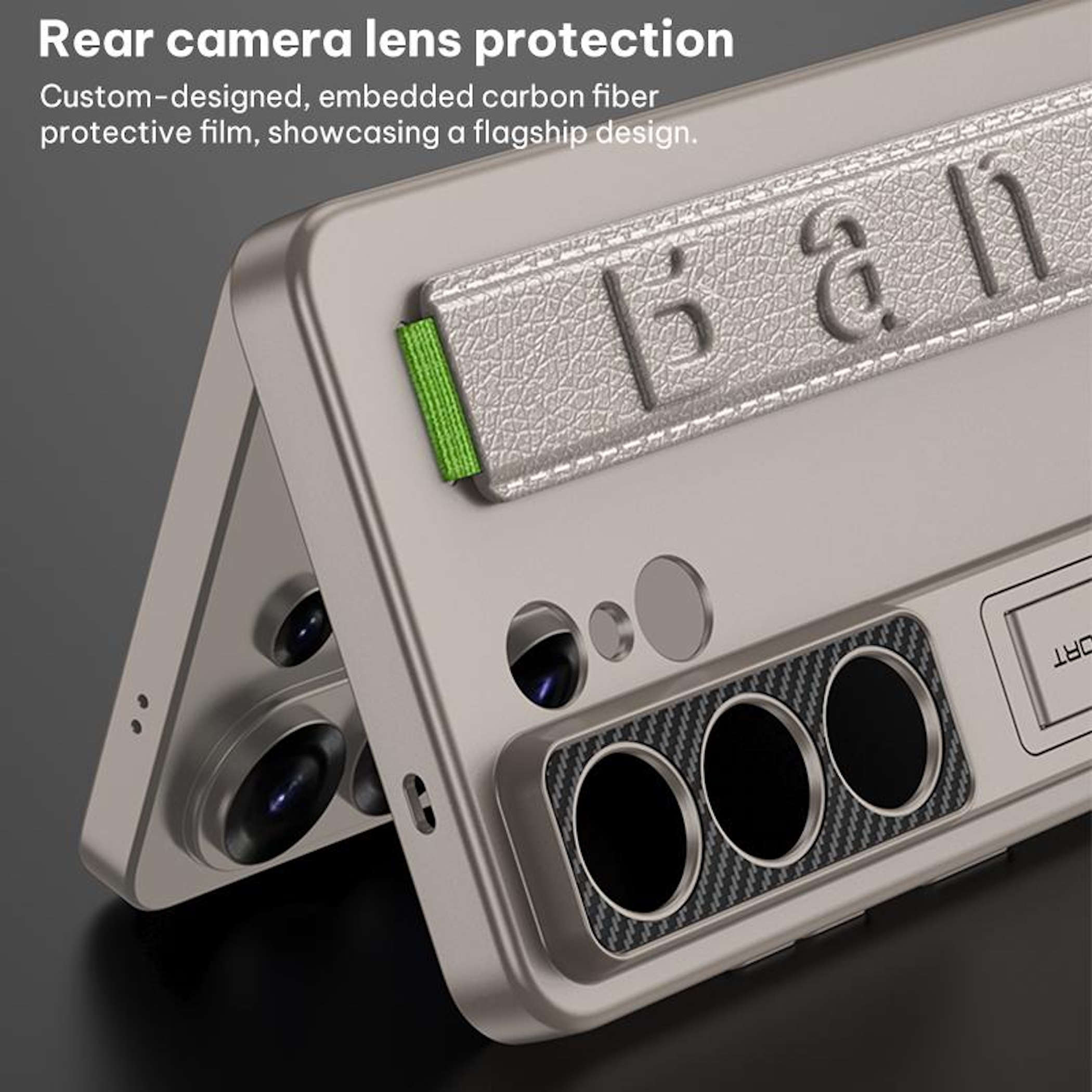 Funda gris para teléfono con recortes de cámara y correa de cuero.