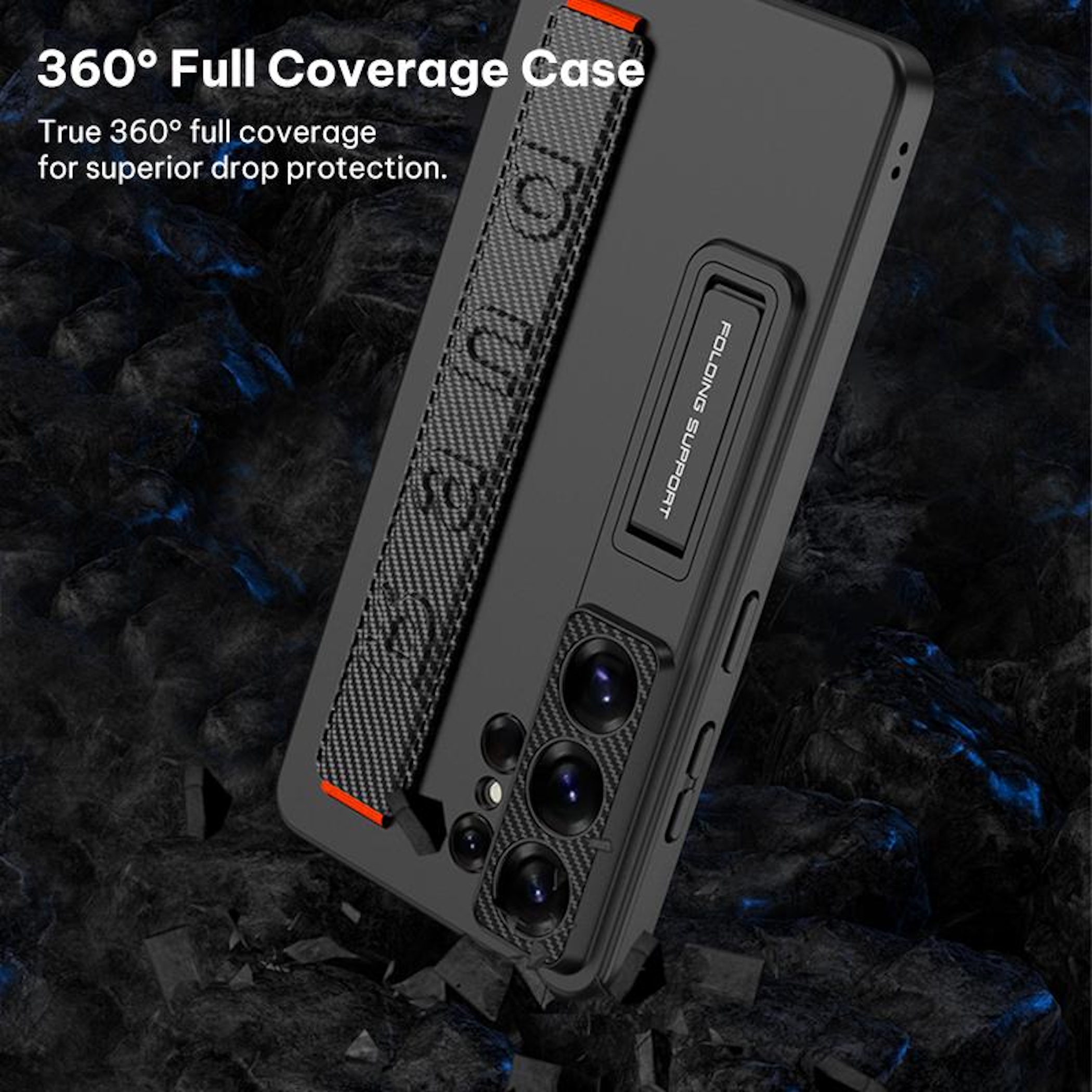 Funda negra para teléfono con correa y soporte, sobre fondo oscuro.